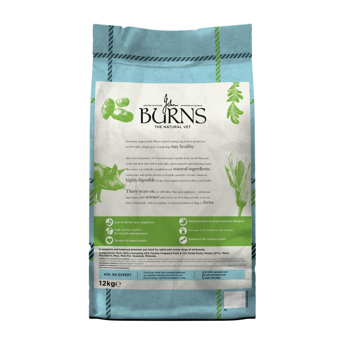 Burns Pet Nutrition Hypoallergenic Complete Dry Dog Food Adult and Senior Dog Sensitive with Pork and Potato 2 kg
