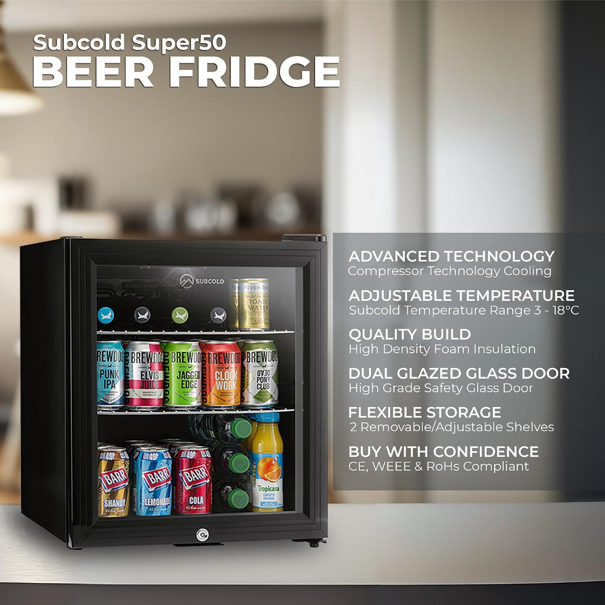 Subcold Super50 LED Beer Fridge | 55 Cans | 3-18°C | Glass Door