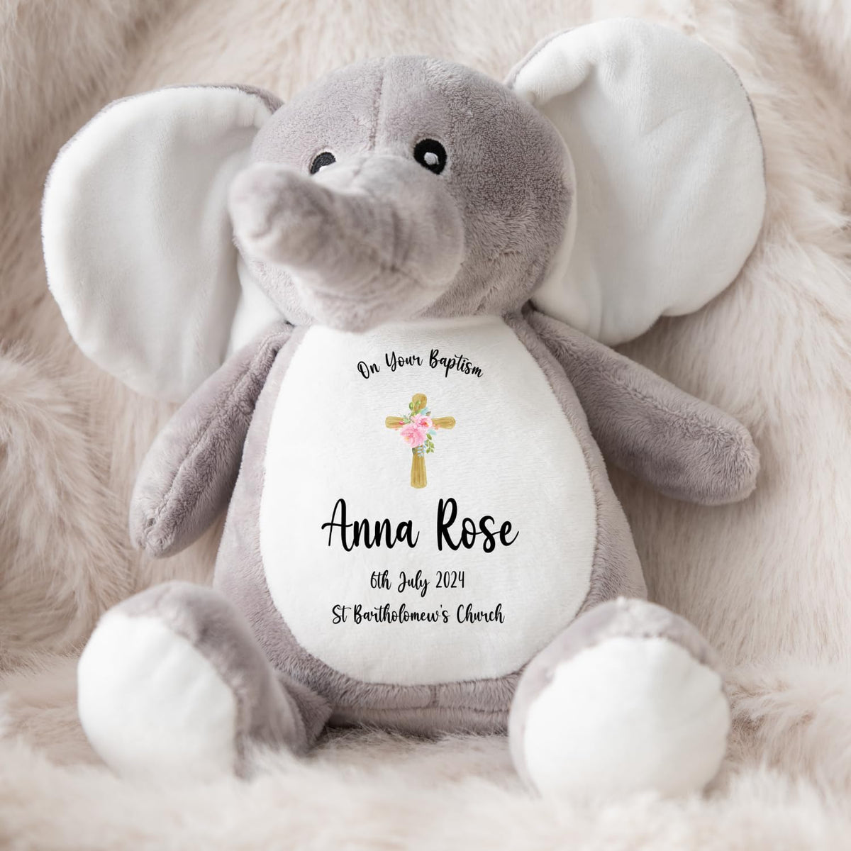 Crafted Memories - Personalised Bunny Rabbit | Custom Name & Date | Christening & Baptism Keepsake | Baby Girl & Boy | Soft Grey, White | Ideal 1st Birthday Present