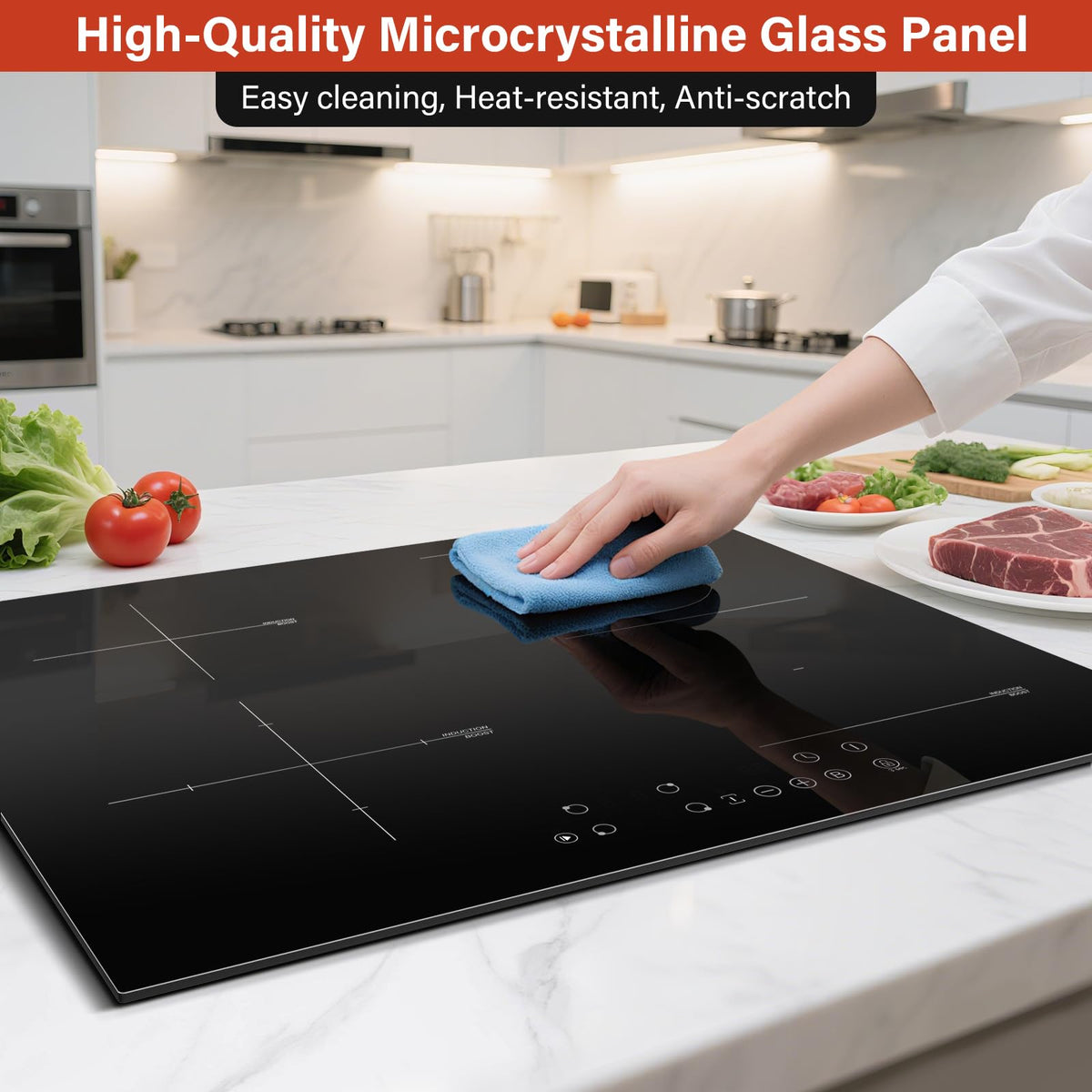 Single Induction Hob 2000W, Portable Induction Cooker with 10 Power & Temperature Levels, Touch Control, Child Lock, 3-Hour Timer, Residual Heat Indicator, Black Glass Panel Electric Hob