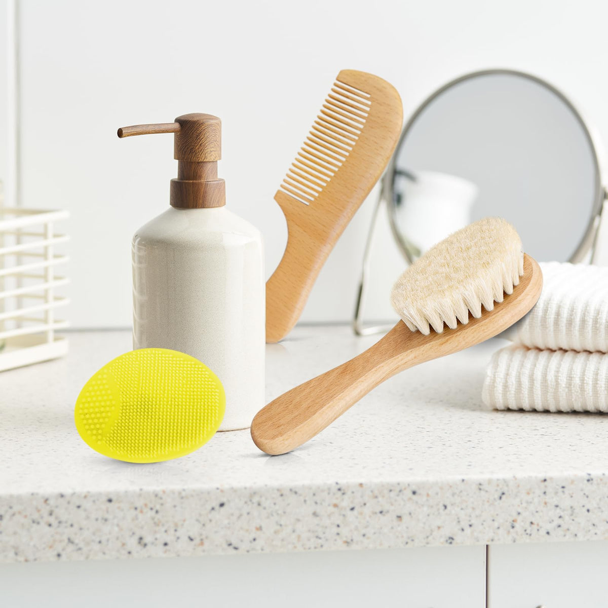3PCS Baby Hair Brush with Wooden Handle and Comb Set for Newborns & Toddlers | Natural Soft Goat Bristles l Wood Comb l Green Cradle Cap Brush | Ideal for Cradle Cap