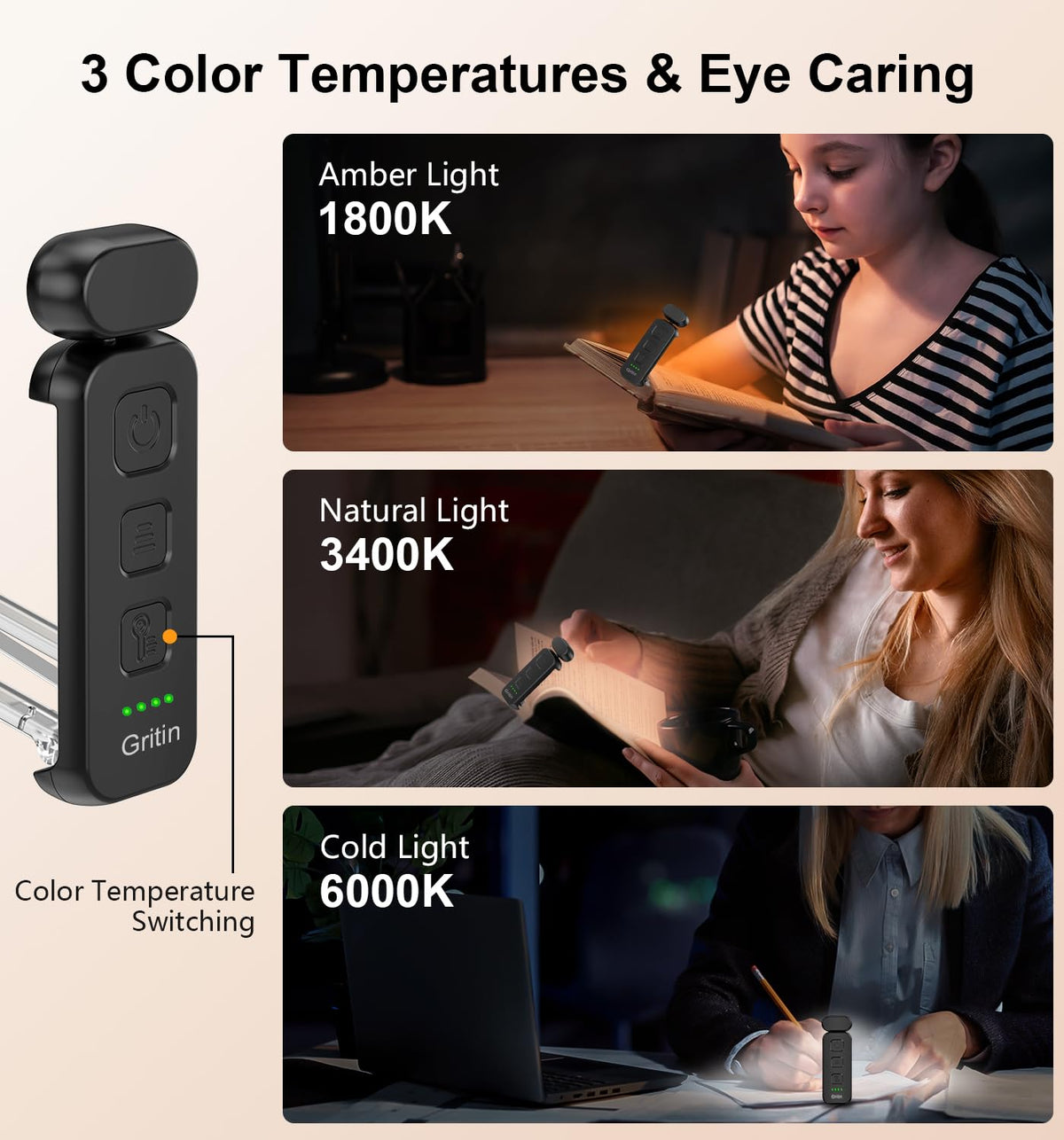 Gritin Book Light Rechargeable, Reading Light Lamp Clip on Books