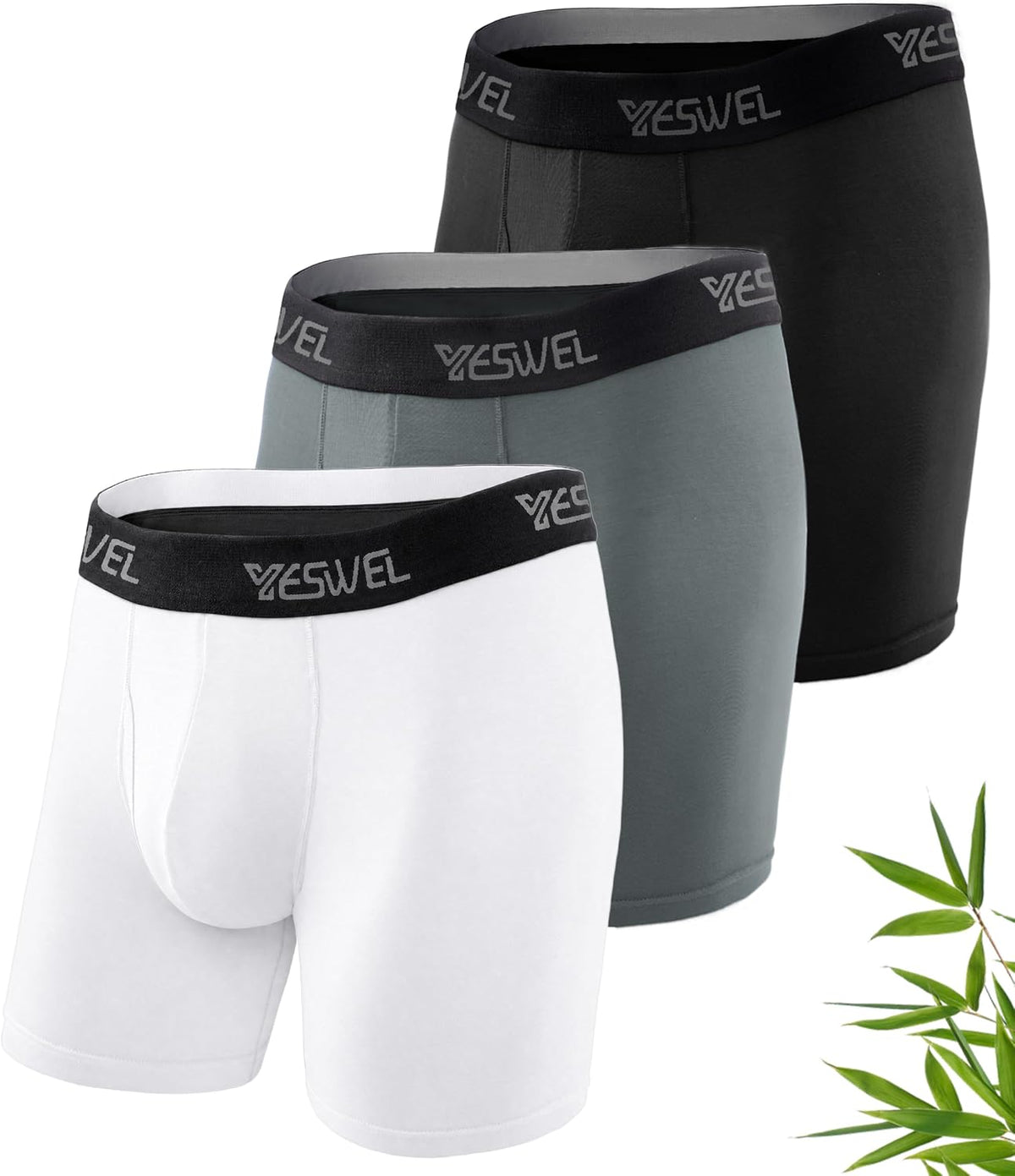 YESWEL Mens Bamboo Boxers, Longer Leg Boxer Shorts with Fly, Anti Chafing Underwear Trunks, No Itchy Labels Underpants (S-4XL)