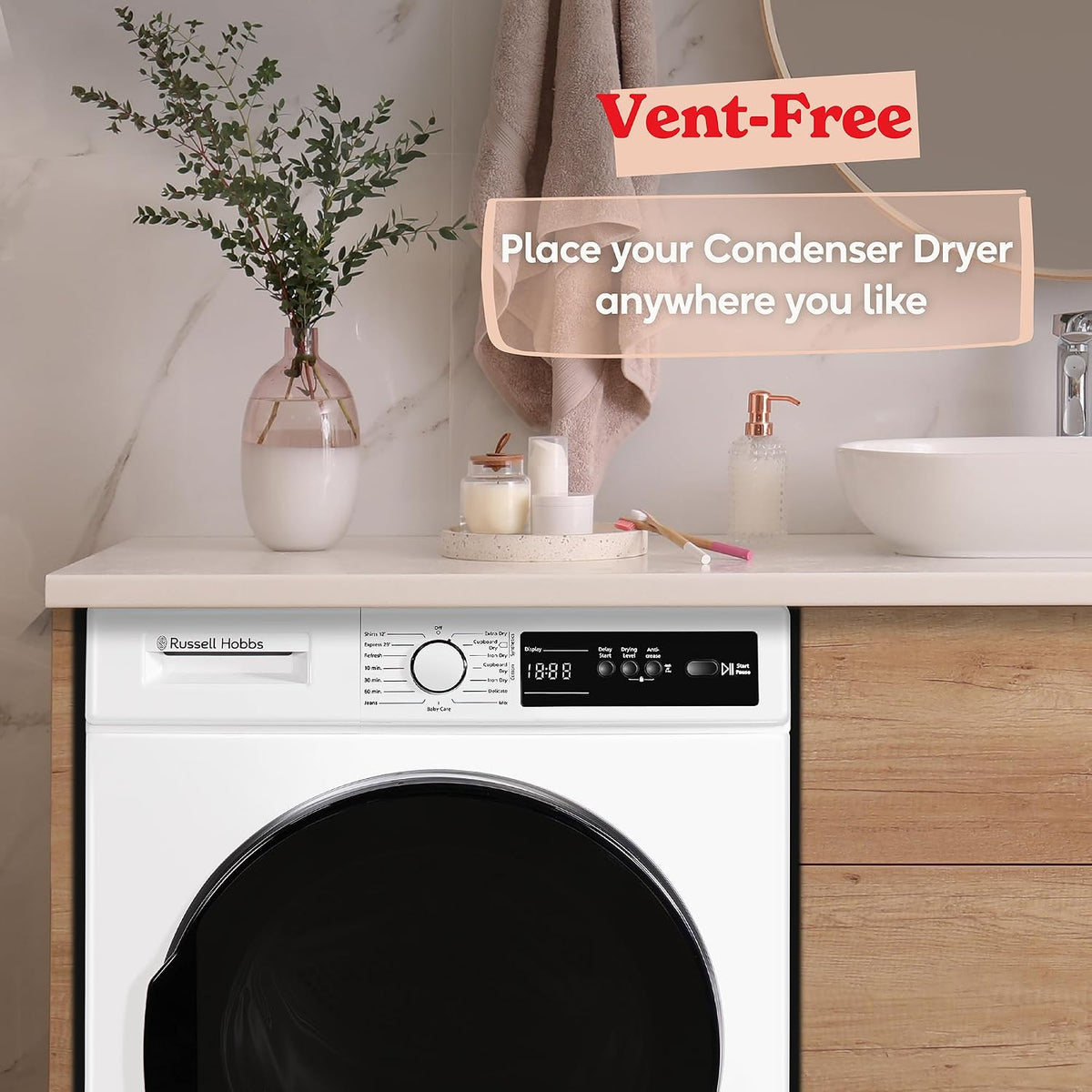 Russell Hobbs Freestanding Condenser Dryer Electric Tumble Dryer 15 Programmes 8kg Capacity 3 Heat Settings LED Display DelayStart Anti-Crease Child Lock Black Clothes Dryer RH8CTD111B