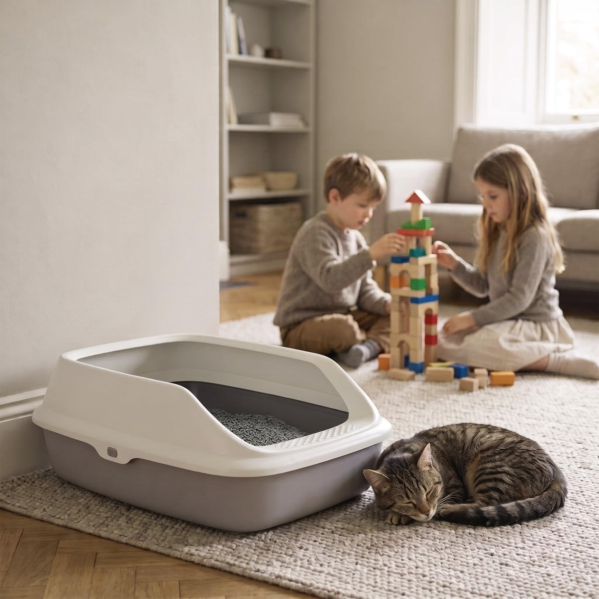 Cat Litter Tray Box, Litter Box, Plastic Cat Open Top Litter Tray with Free Scoop Kitten Detachable Rim Easy Cleaning,49 x 38 x 23cm (Grey)