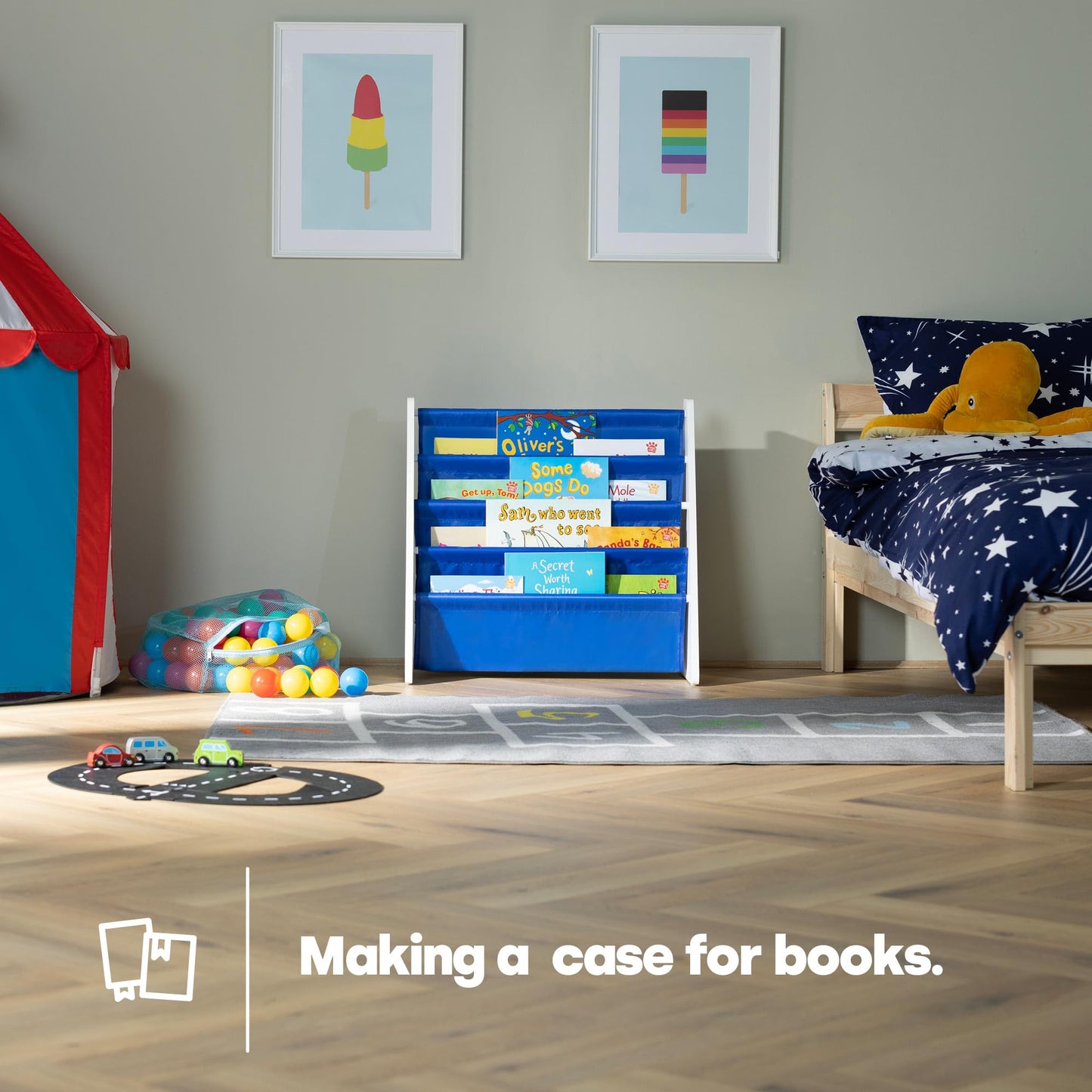 LIVIVO Colorful Kids Bookshelf - 4 Tier Children's Bookcase, Magazine and Book Storage Rack, Wooden Sling Book Organizer, Book Shelf for Kids Room, Bedroom, Nursery, Playroom (Natural)