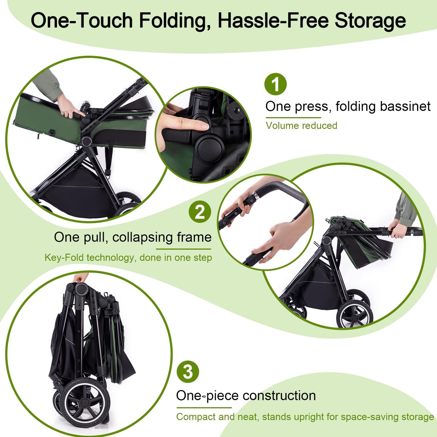 Zkipm Baby Pram 3 in 1, Foldable Baby Stroller,Pram Set Travel with Adjustable-Height Push Handle, Present Rain Cover, Mosquito Net, Bag, Cooling Mat, ect for Ages 0–3