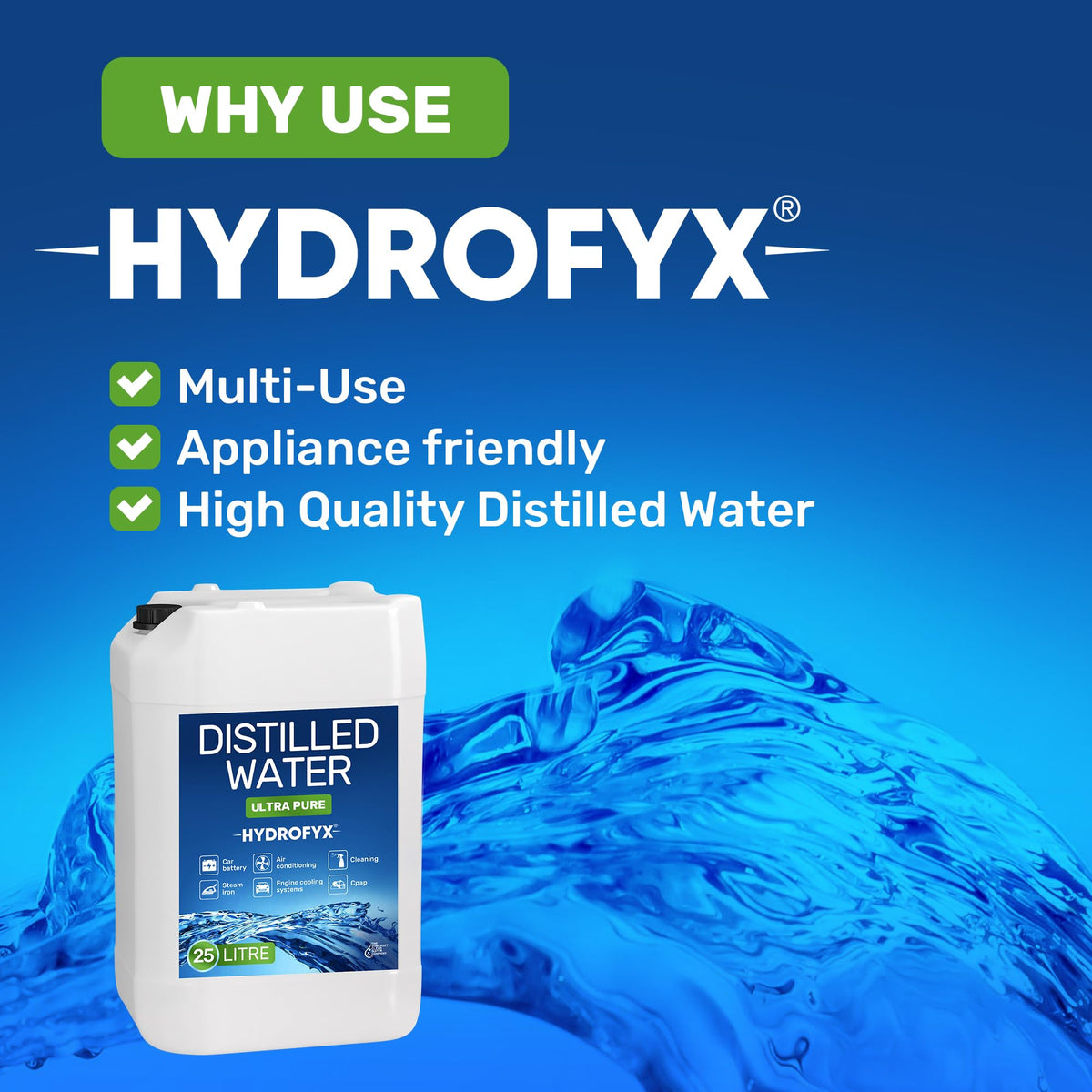 HYDROFYX 5L Distilled Water – 0 PPM TDS Mineral Free Water for CPAP Machines, Humidifiers, Steam Irons & Car Batteries – Made in UK