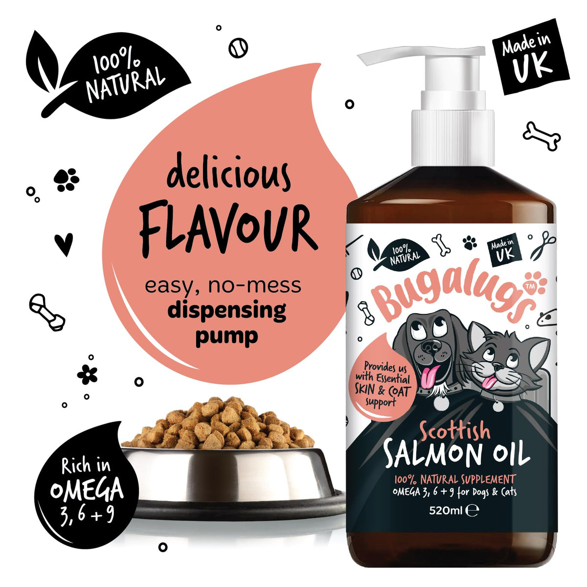 Bugalugs Scottish Salmon Oil For Dogs & Cats, Dog Supplement Support for Skin And Coat, Itchy Skin & Moulting, Omega 3 Fish Oil (Salmon, 500ml)