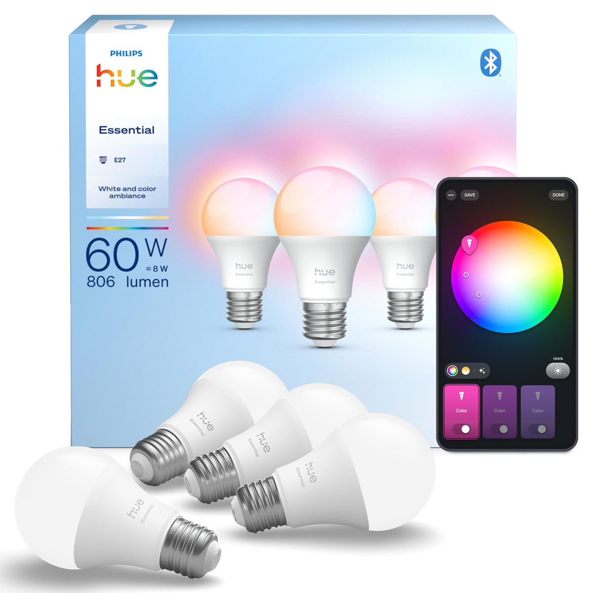 Philips Hue Essential Smart A60 LED Bulb, E27, B22 Bulb, 1 Pack