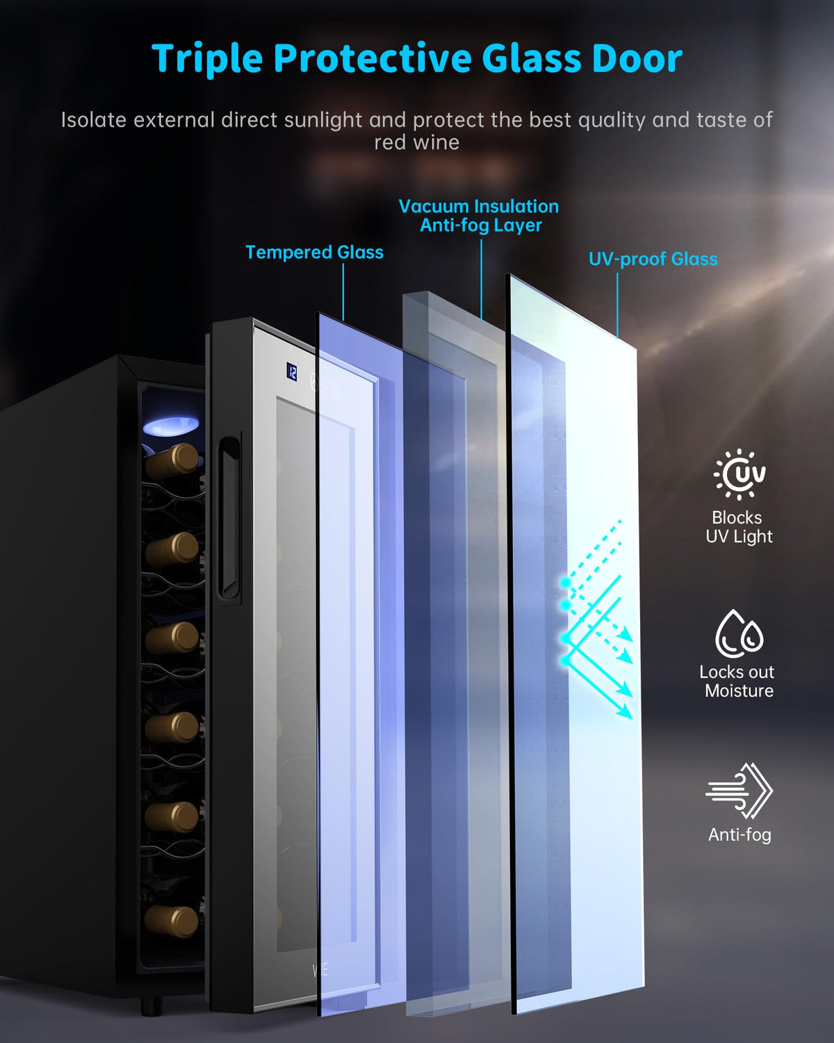 WIE 48L Drinks Fridge with Glass Door, Beer Fridge for 68 Cans or 12 Wine Bottles, Mini Fridge 4-16°C Touch Control, Quiet Beverage Refrigerators with LED Light, Reversible Door for Home, Bar, Office