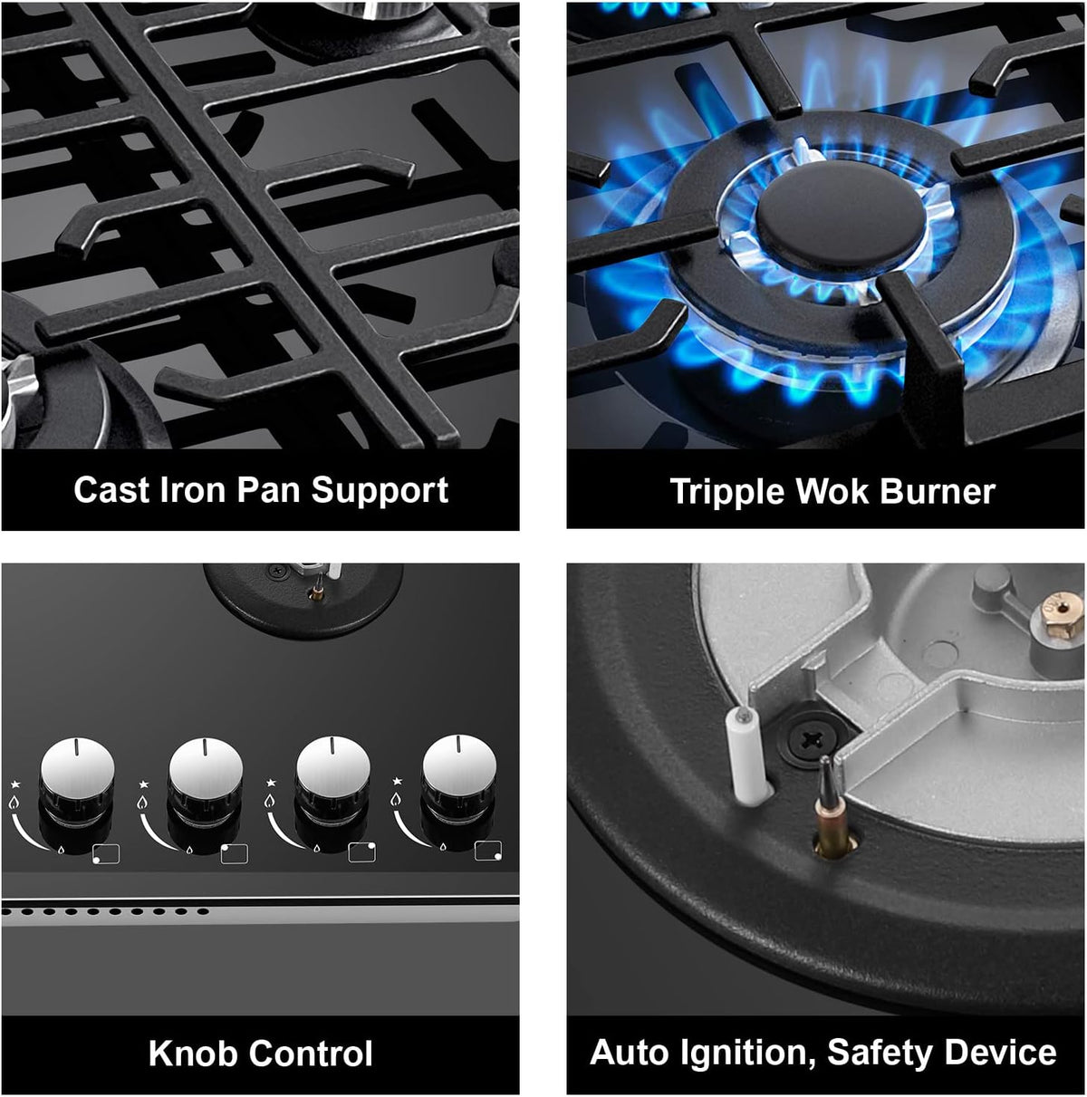 TopStrong Gas Hob 4 Burners, 60cm Black Glass Built-in Cooktop with 8060W Wok Burner & Thermocouple Protection, Natural Gas & LPG Compatible