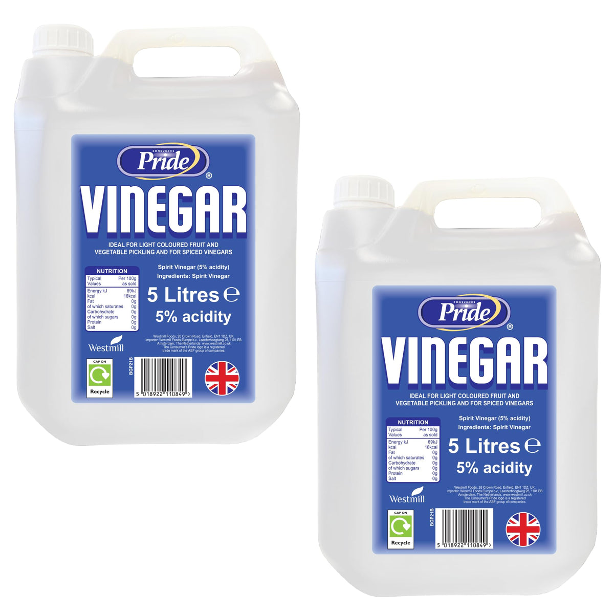 White Vinegar 5L | Food Grade | Suitable for Cleaning, Weed Killer, Limescale Remover, Glass Cleaner, Stain Remover, Baking, Pickling, Marinating | UK Made (Pack of 4)
