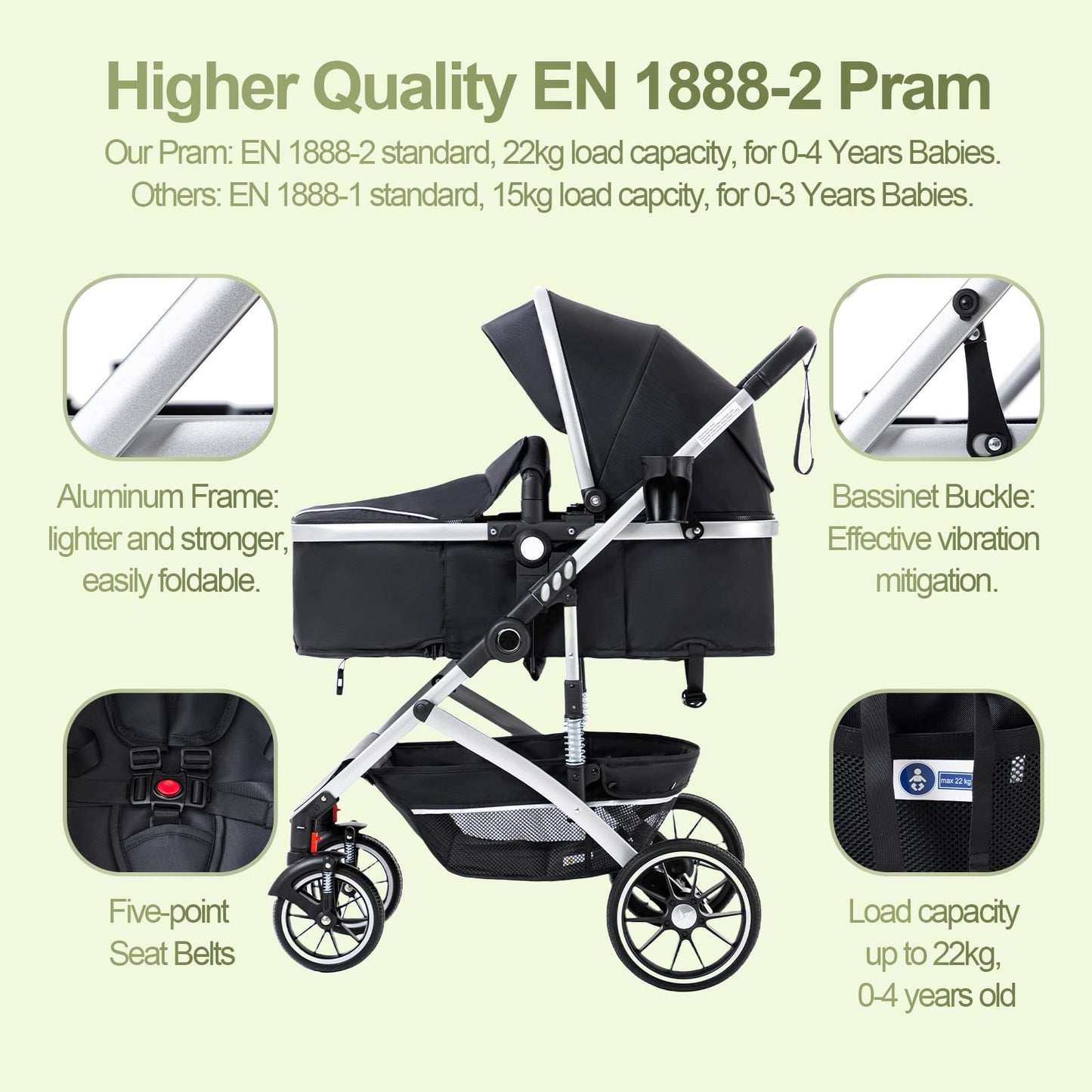 Zkipm Baby Pram 3 in 1, Foldable Baby Stroller,Pram Set Travel with Adjustable-Height Push Handle, Present Rain Cover, Mosquito Net, Bag, Cooling Mat, ect for Ages 0–3