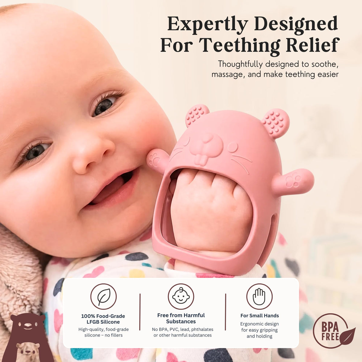 Infatot® Teething Toys for Baby Gifts – Chipmunk Silicone Mitten Teether, Soothing Glove for Infants, Baby Toys 0-6 Months, Soft Chewable Teether Toy to Prevent Finger Sucking, CM Blue.