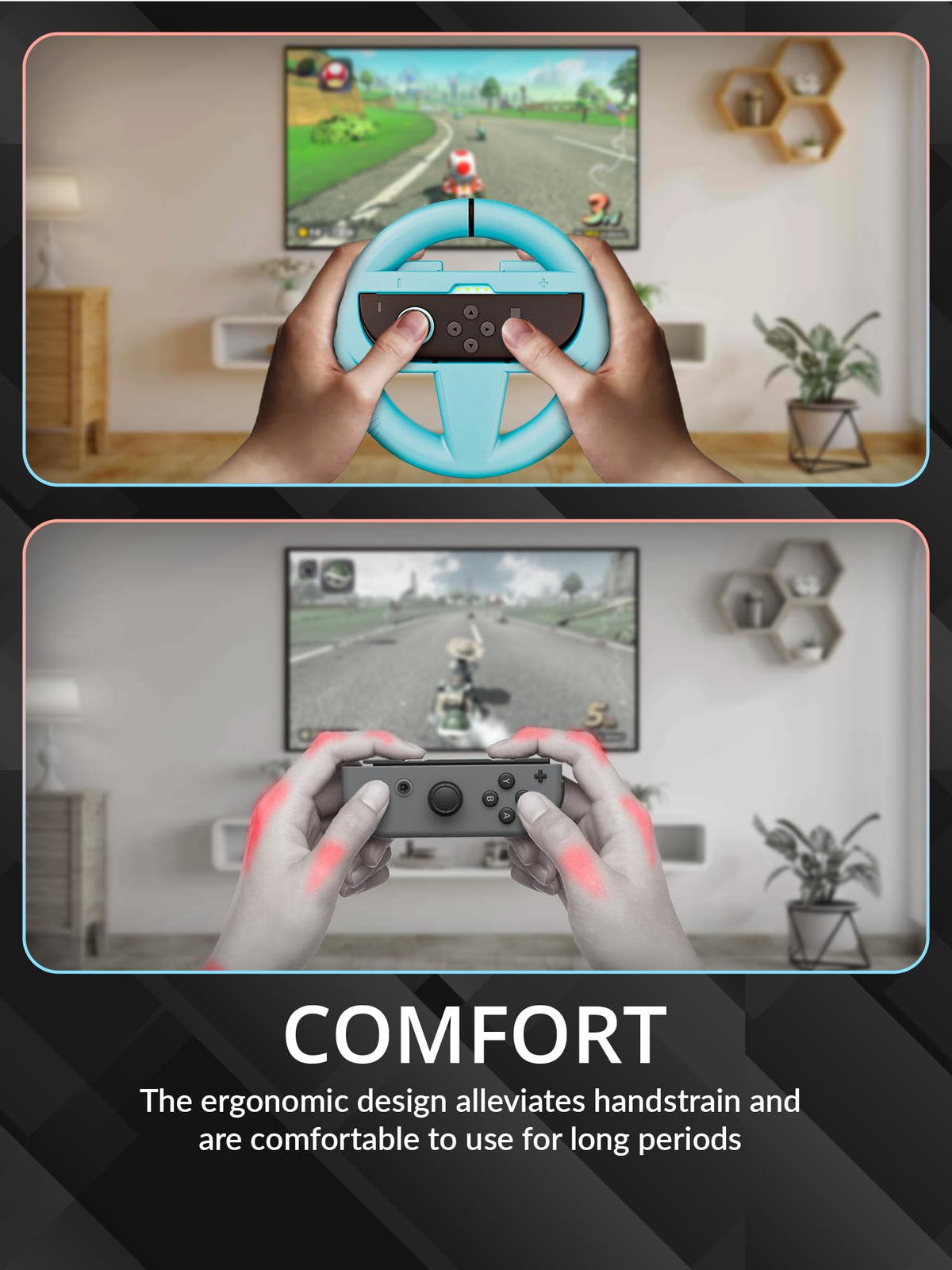 Orzly Racing Steering Wheels – Compatible with Switch 2 (2025 Console) – Party Pack of 4 Joy-Con Controller Attachments for Racing Games (2 Black, 1 Blue, 1 Red)