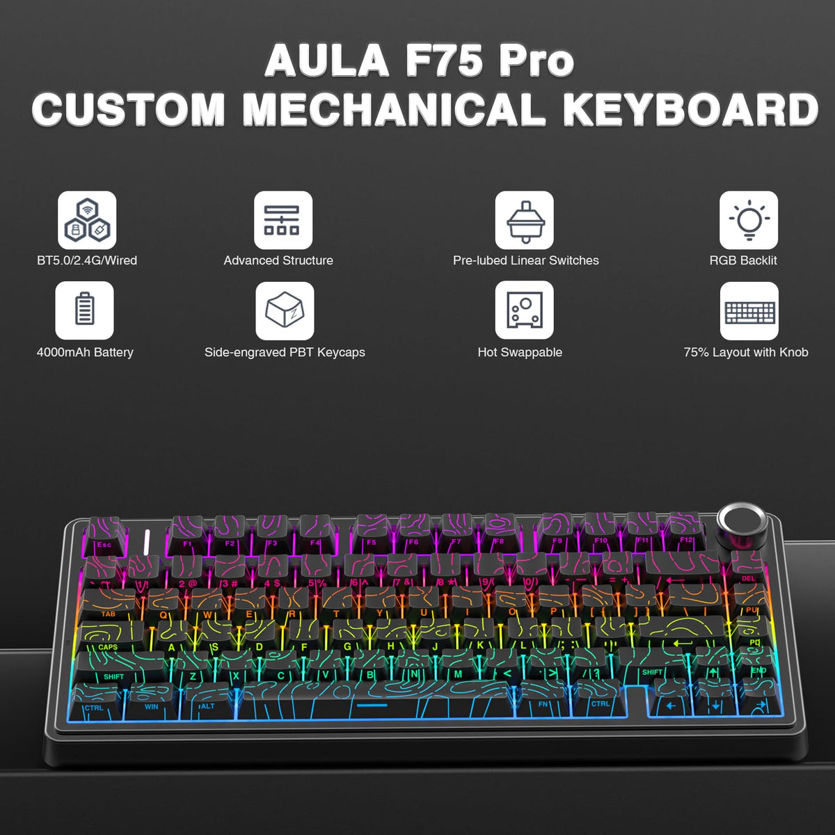 AULA F75 75% Wireless Mechanical Keyboard,2.4Ghz/Type-C/BT5.0 Gaming Keyboards,Advanced Structure,RGB Backlight,Hot Swappable Custom Keyboard for PC/Mac (Cool Black)