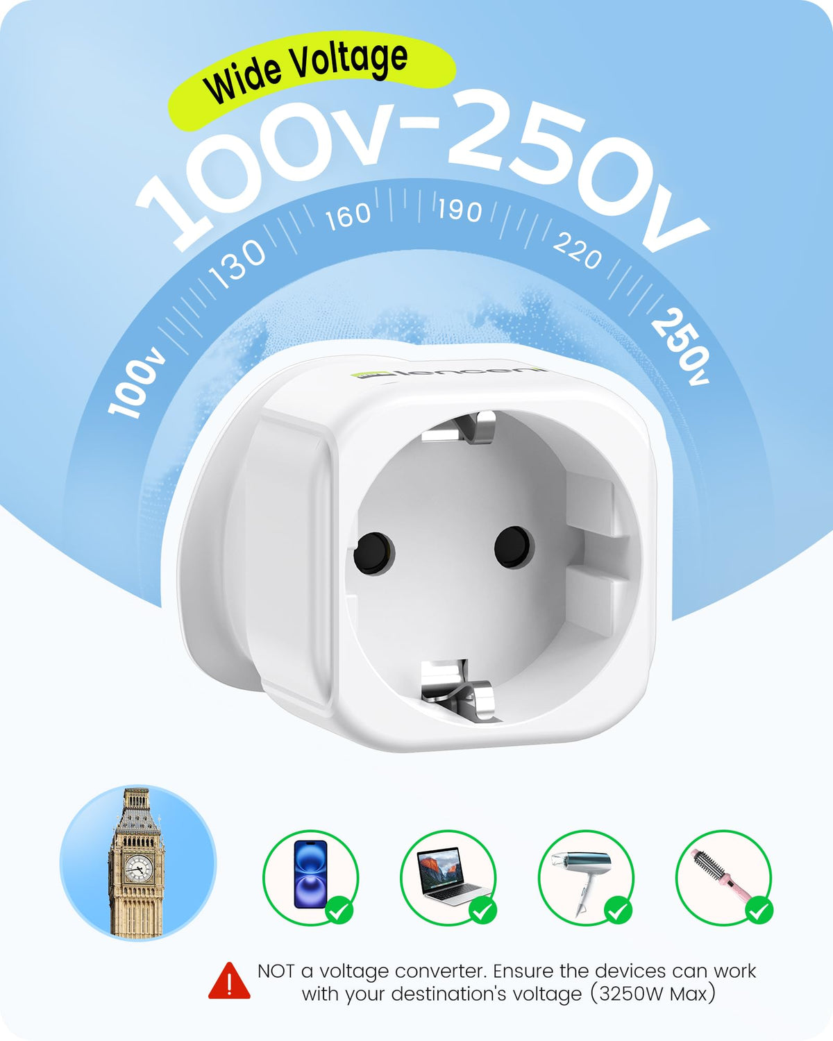 LENCENT 2 Pack EU to UK Plug Adapter,Black