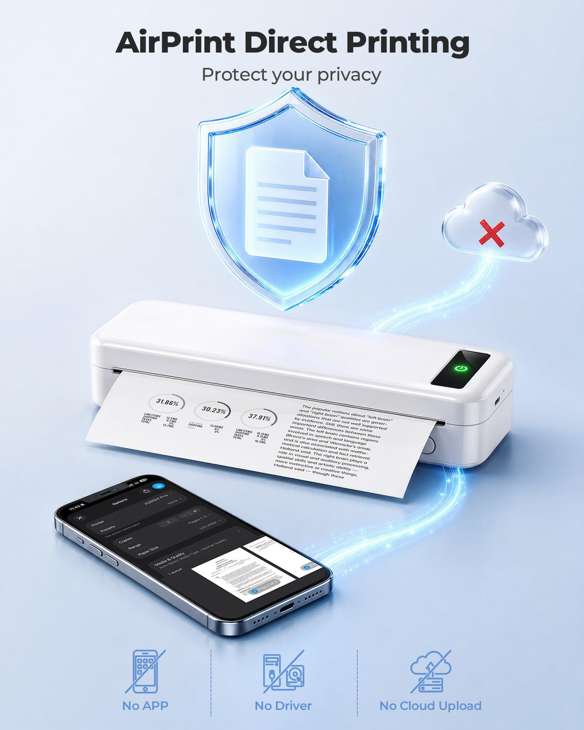 Portable Thermal Printer A4 Inkless Wireless Bluetooth Small Mobile - Black
