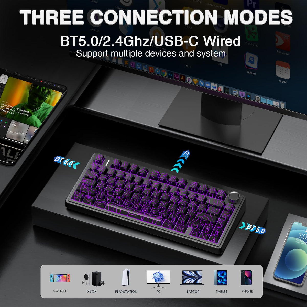 AULA F75 75% Wireless Mechanical Keyboard,2.4Ghz/Type-C/BT5.0 Gaming Keyboards,Advanced Structure,RGB Backlight,Hot Swappable Custom Keyboard for PC/Mac (Cool Black)