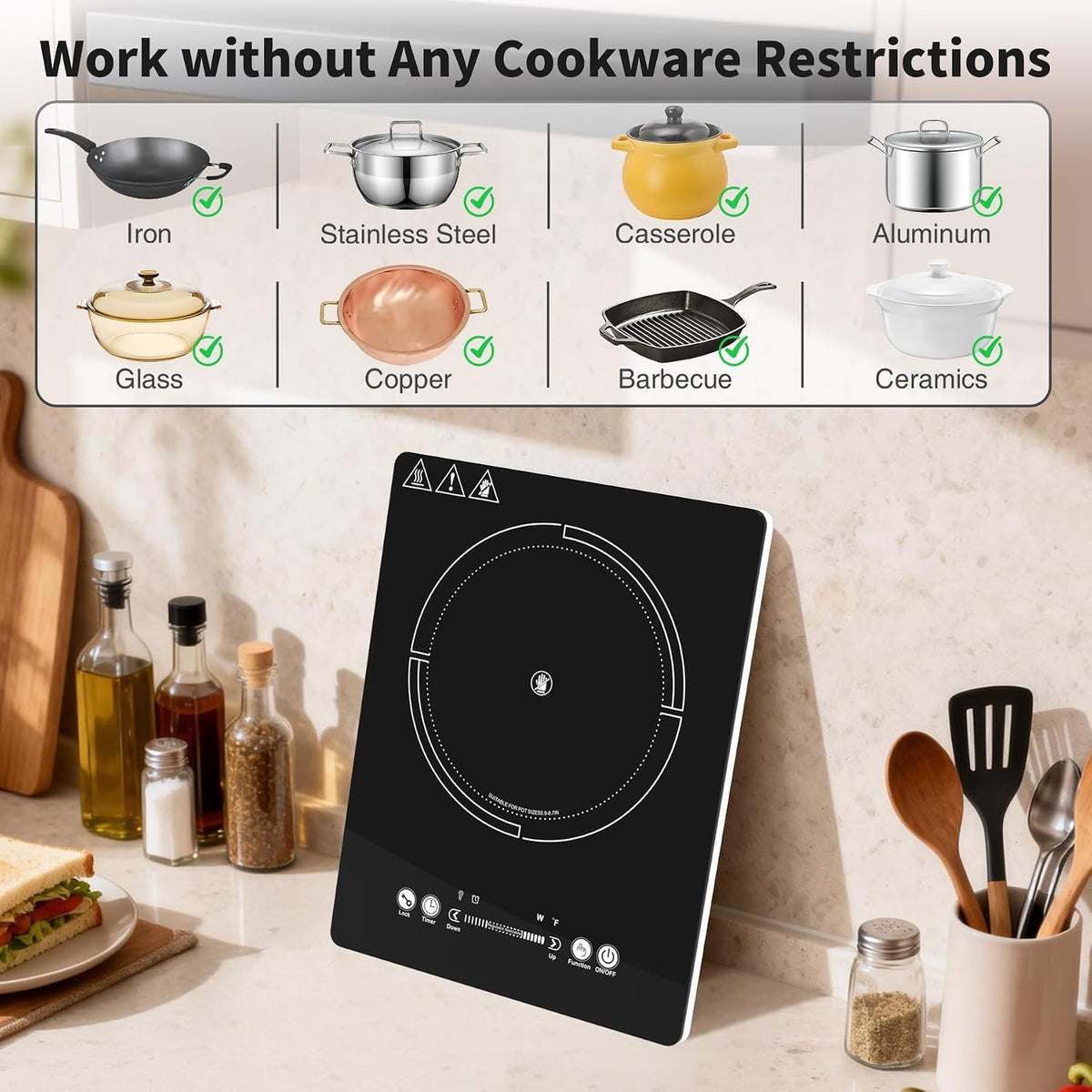GIHETKUT single electric hob,220V 2000W Electric Hob with LED Touch Control,10 Power Levels, 4H Timer, Safety Lock,portable single burner hob Overheat protection