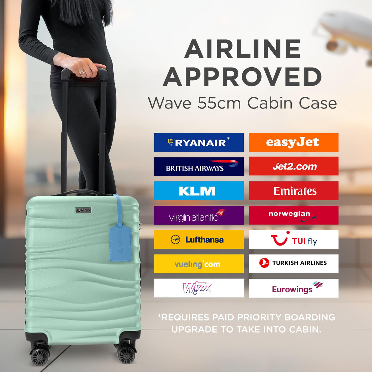 Avio Carry-On Cabin Luggage 55x40x20cm | Hard Shell Suitcase 4 Wheels