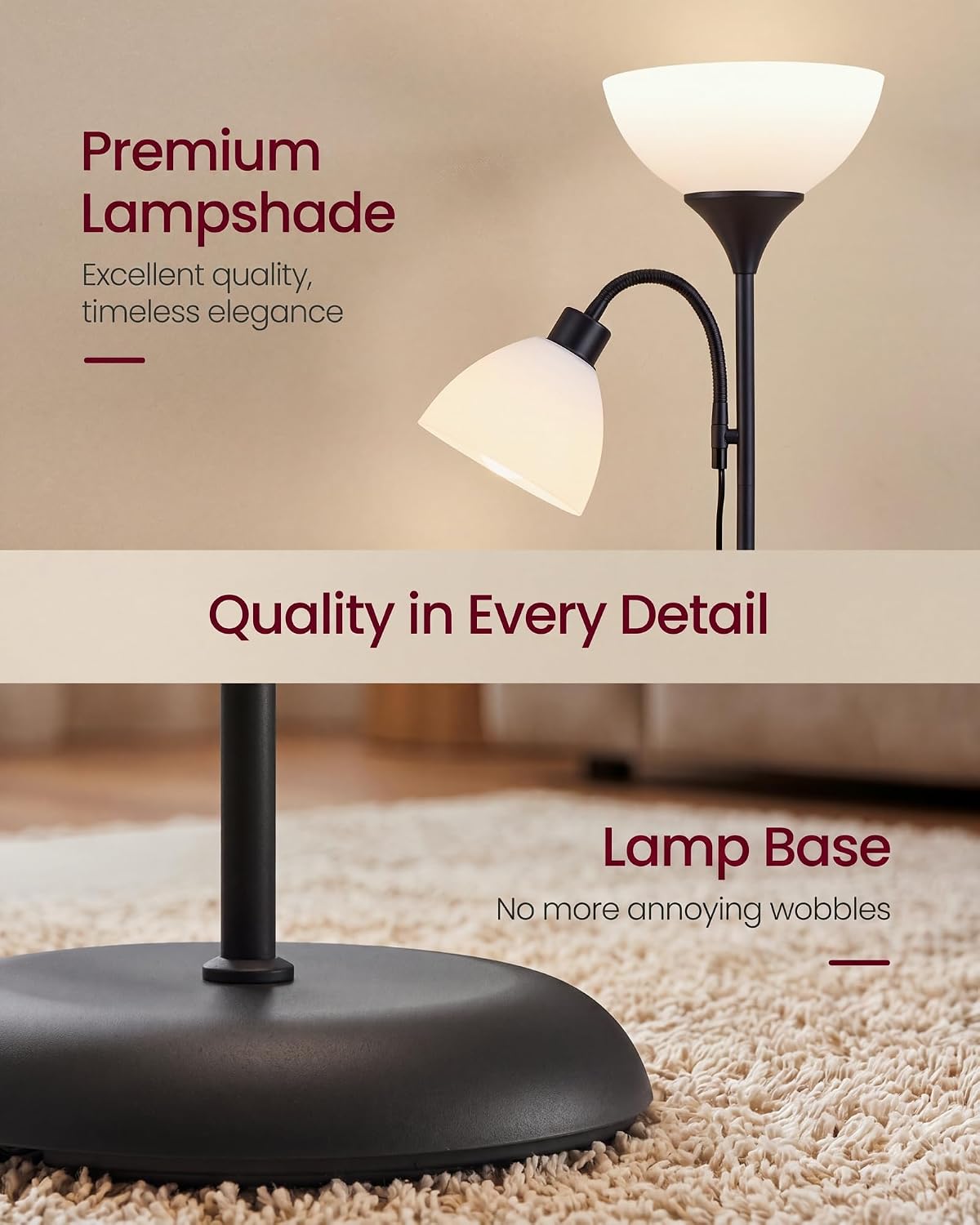 VASAGLE LUSIA LED Floor Lamp, Uplighter, Reading Light, 38.5x23.5x176cm