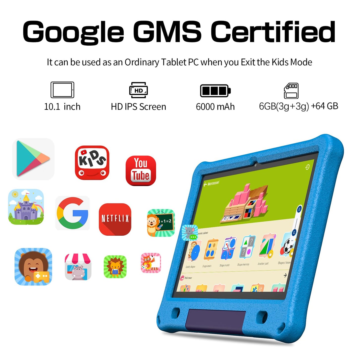VASOUN Kids Tablet 10 inch, Android 15 Tablets for Kids with 6GB RAM and 64GB ROM, 6000 Mah, Tablet PC with Time Limits, Age Filters, Parental Controls, 5G WIFI, Bluetooth(Blue)