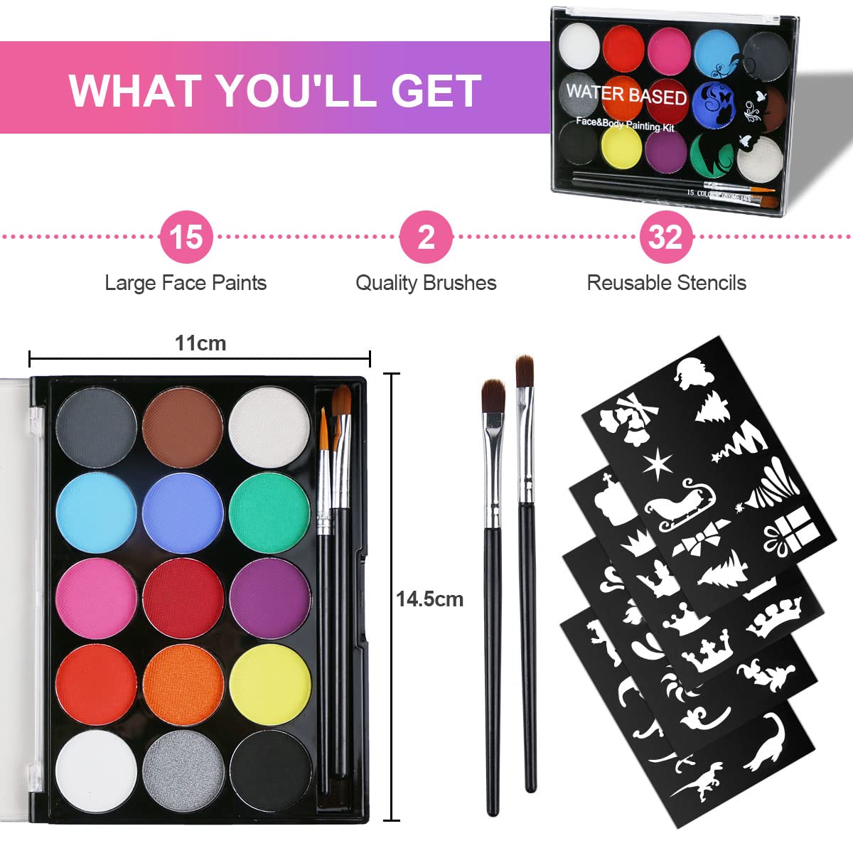 URAQT Face Paint Kit, 15 Color Face & 15 Color Neon Ultraviolet Painting with 2 Brushes 80 Stencils, Washable Safe Body Paint for Adults Kids Halloween Party Carnival, Makeup Paint Non-Toxic to Use