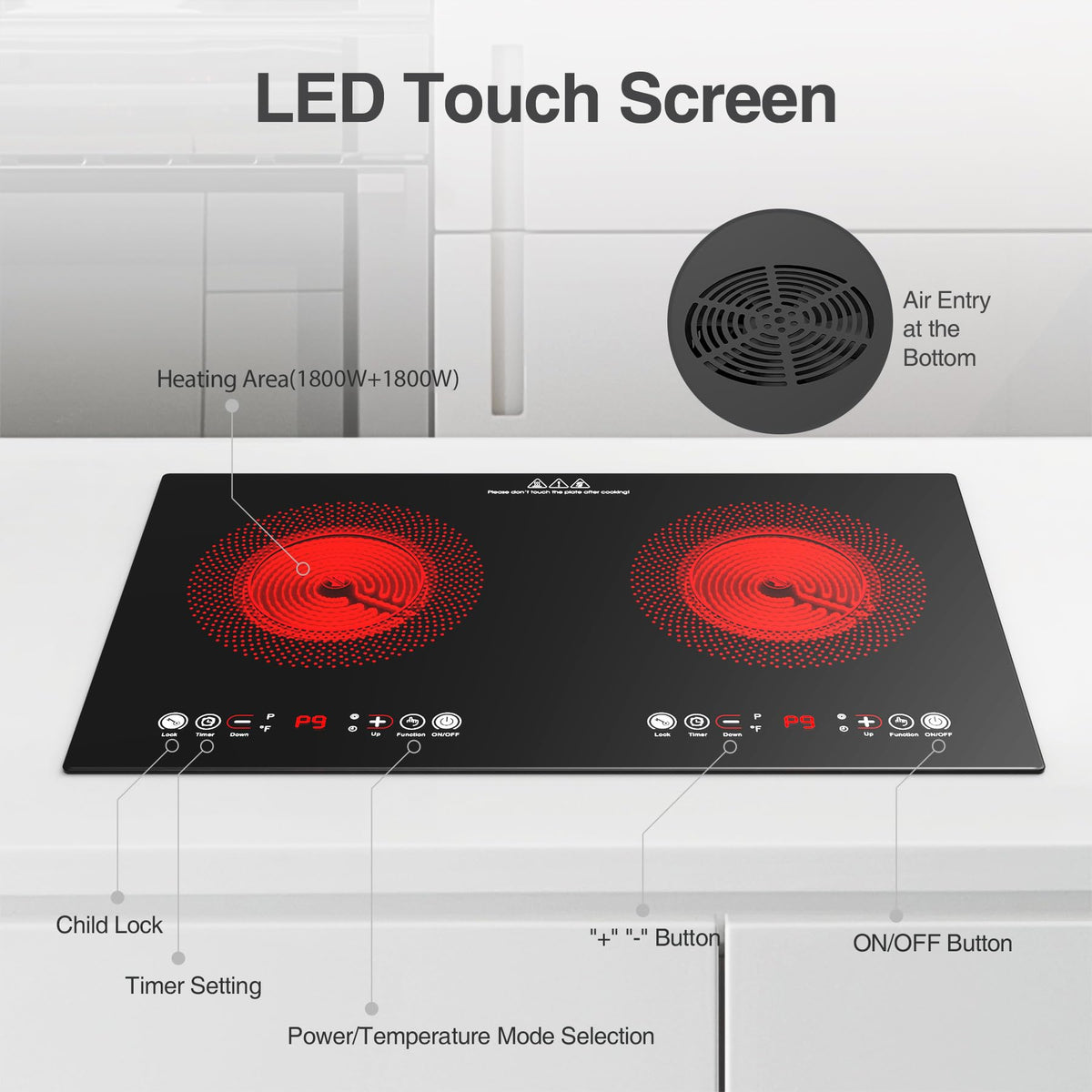 VBGK Double Induction Hob,220V 3600W 2 Ring Induction Hob with Knob Control,9 Power Levels, Kids Lock & Timer,LED Touch Control,Overheat Protection