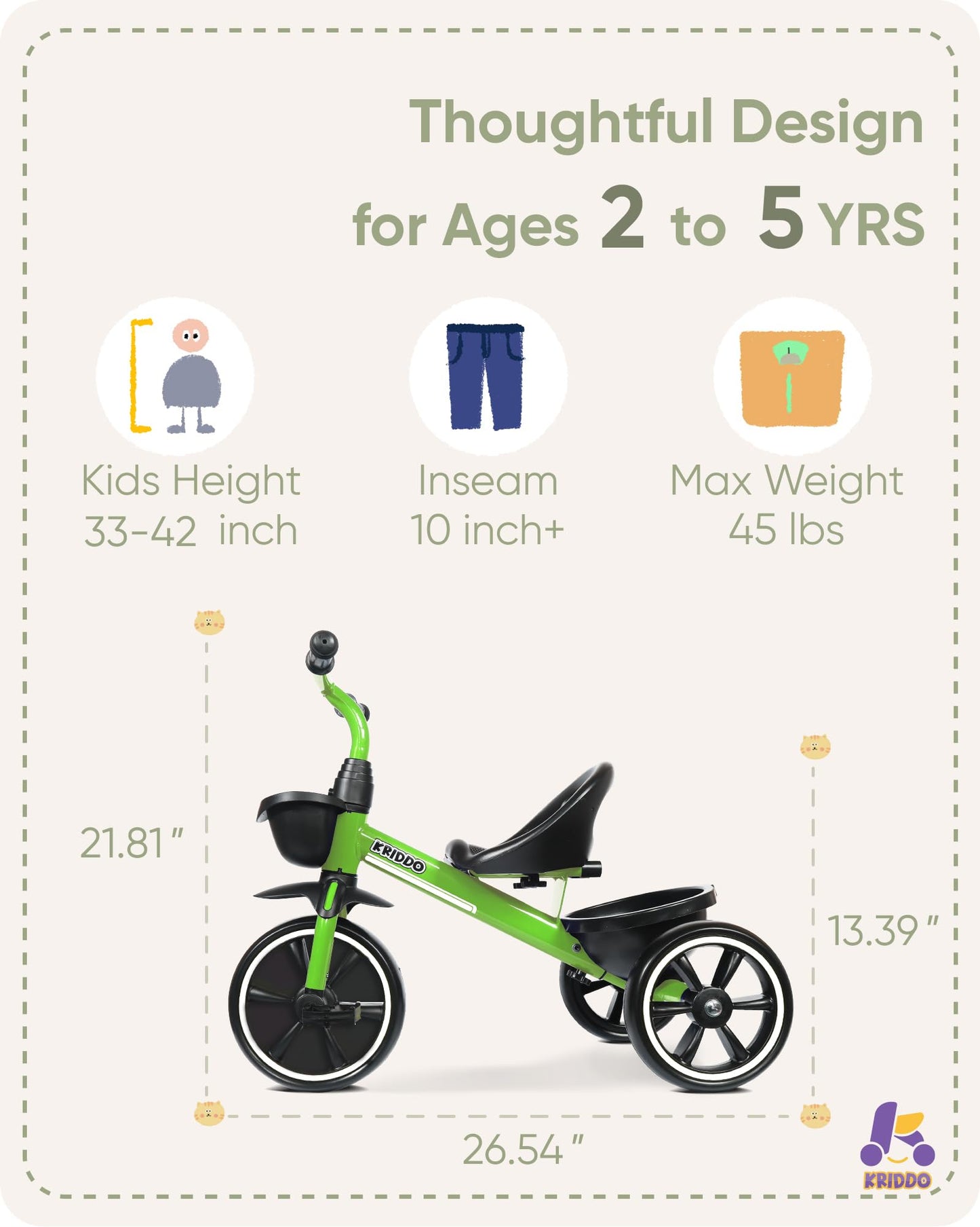 KRIDDO Toddler Tricycle — Anti-Tip Design, BPA-Free | Ages 18 Months to 4 Years | Pink