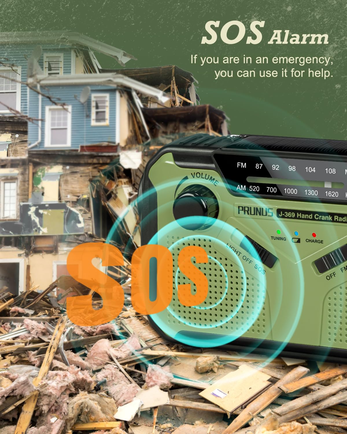 PRUNUS J-369 Wind Up Radio Solar, AM/FM Emergency Hand Crank Radio