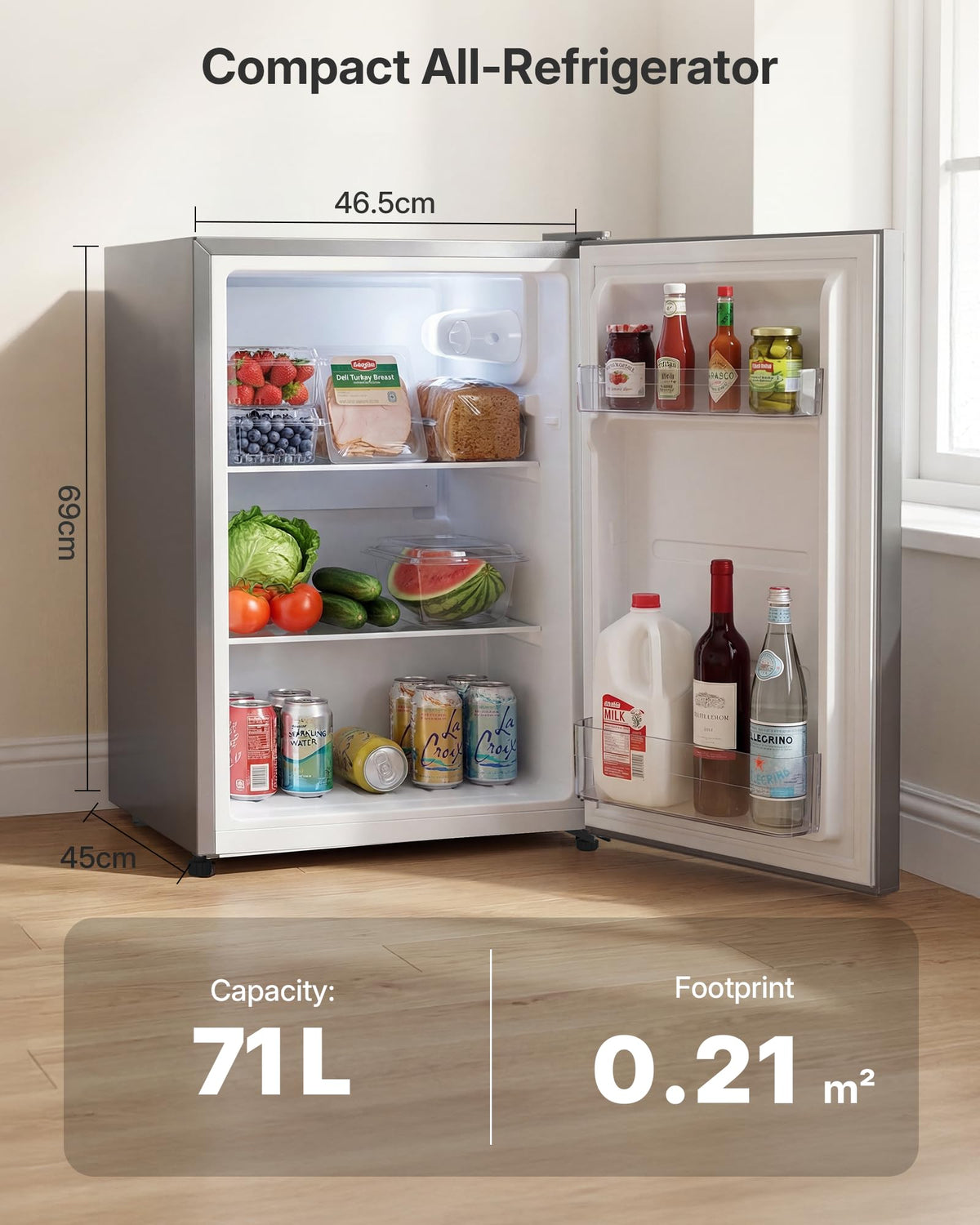 Upstreman 71L Fridge Without Freezer Compartment, 1-10°C 7-Step Temperature Control, LED Lighting, 40dB Quiet, Energy-Saving Full-Size Refrigerator for Bedroom, Office, Kitchen, CR71-Dark gray