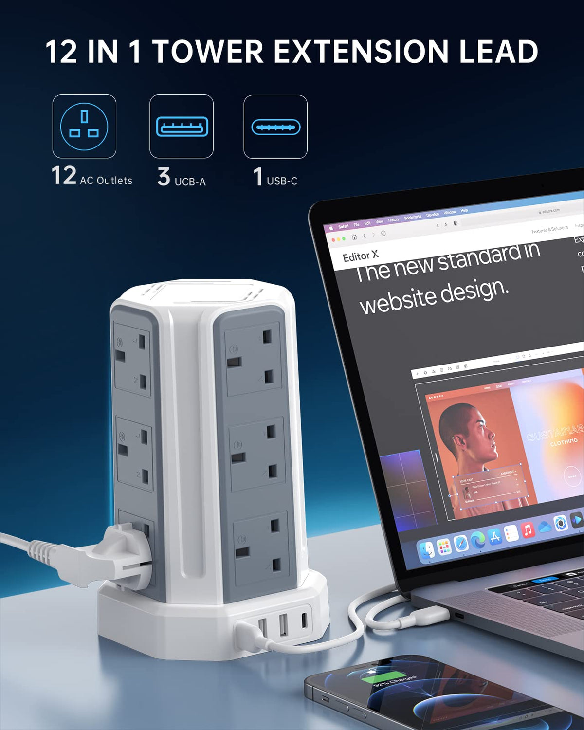 Tower Extension Lead 3M, Extension Cable with USB Ports