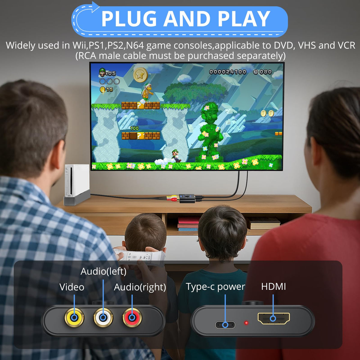 CAMWAY RCA to HDMI Converter, 1080P AV Adapter, 4:3/16:9, No HDMI Cable