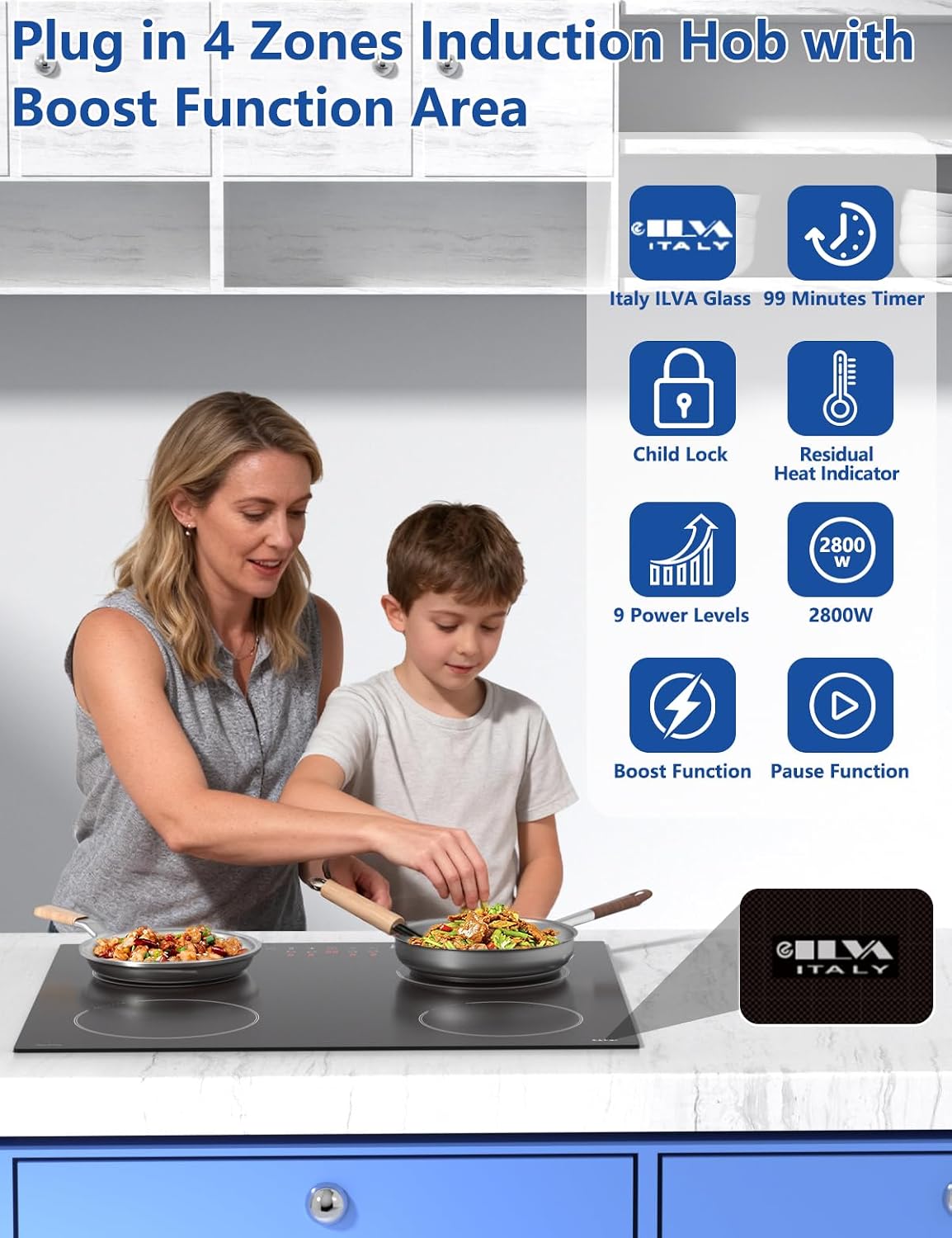13A Plug in Induction Hob 2800W 4 Zone ILVA Glass Boost Pause ChildLock