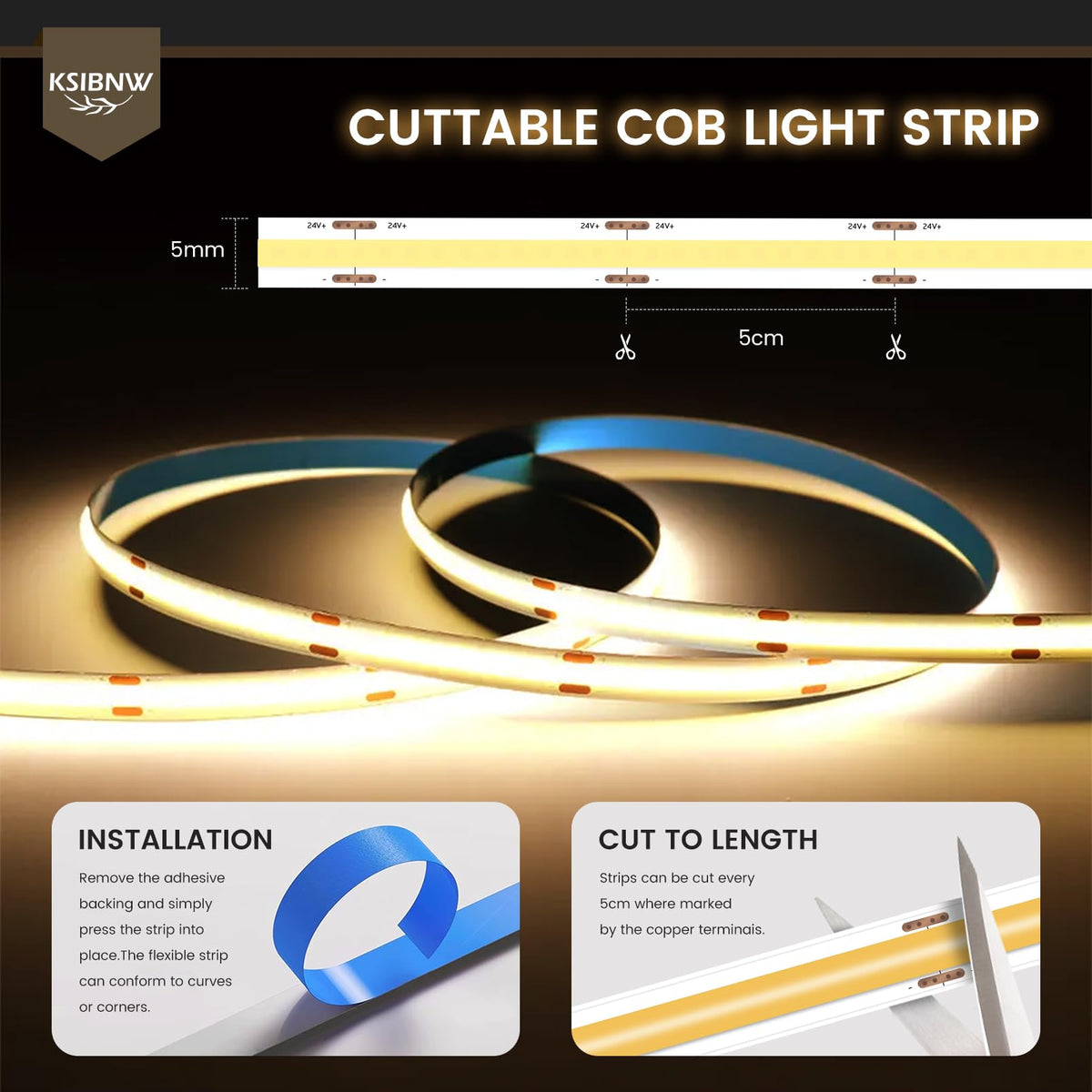 KSIBNW LED Strip Light COB 24V, 5M Cool White 6000K Led Strip Lights 5mm Width LED Tape Lights Flexible CRI90+ Uniform Dotless for Bedroom Cabinet Kitchen Decoration (No Power Supply)