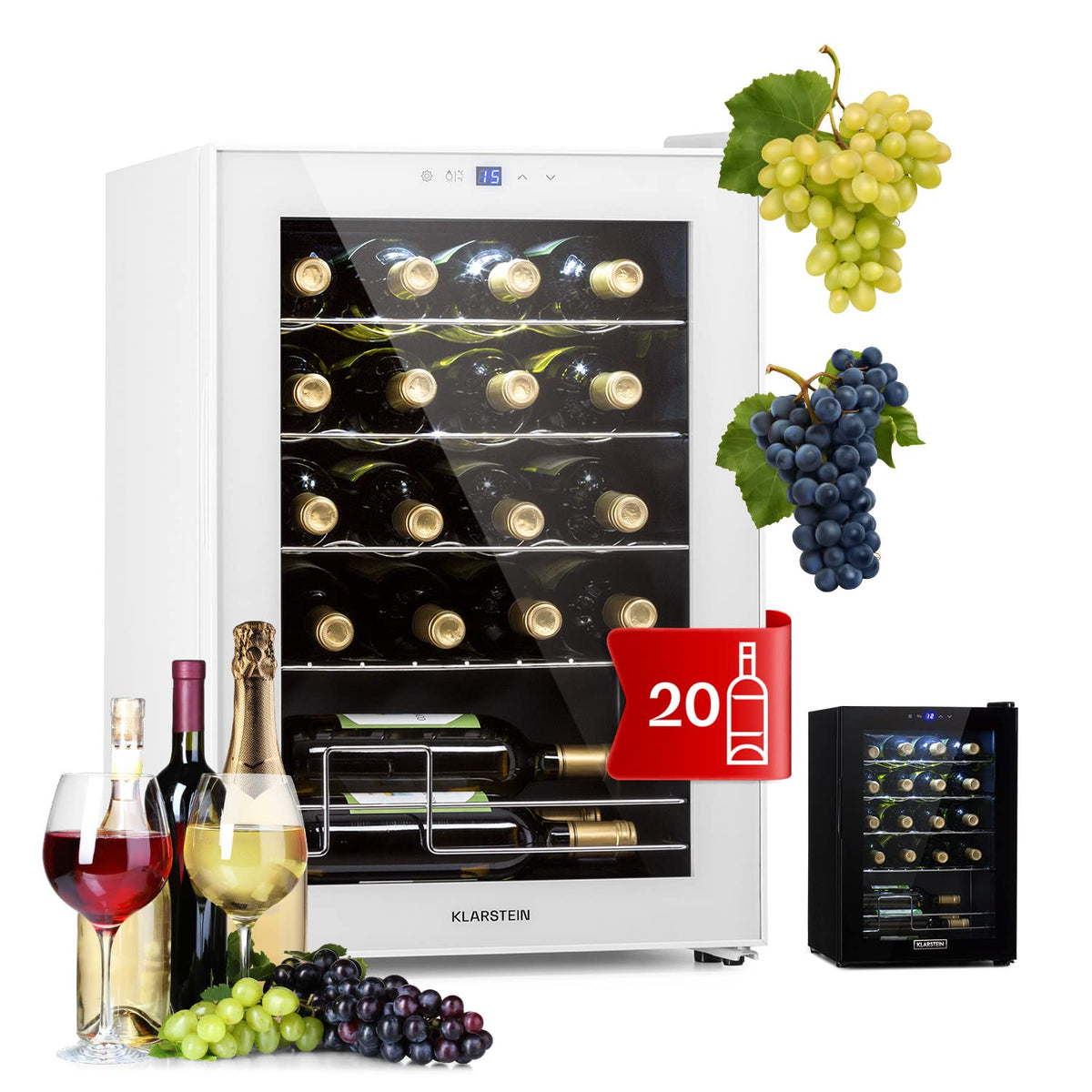 KLARSTEIN Shiraz Wine Cooler Black – 8 Bottles, 1 Zone | Freestanding Wine Fridge with Glass Door, Quiet, 5–18 °C, LED, Stainless Steel Frame
