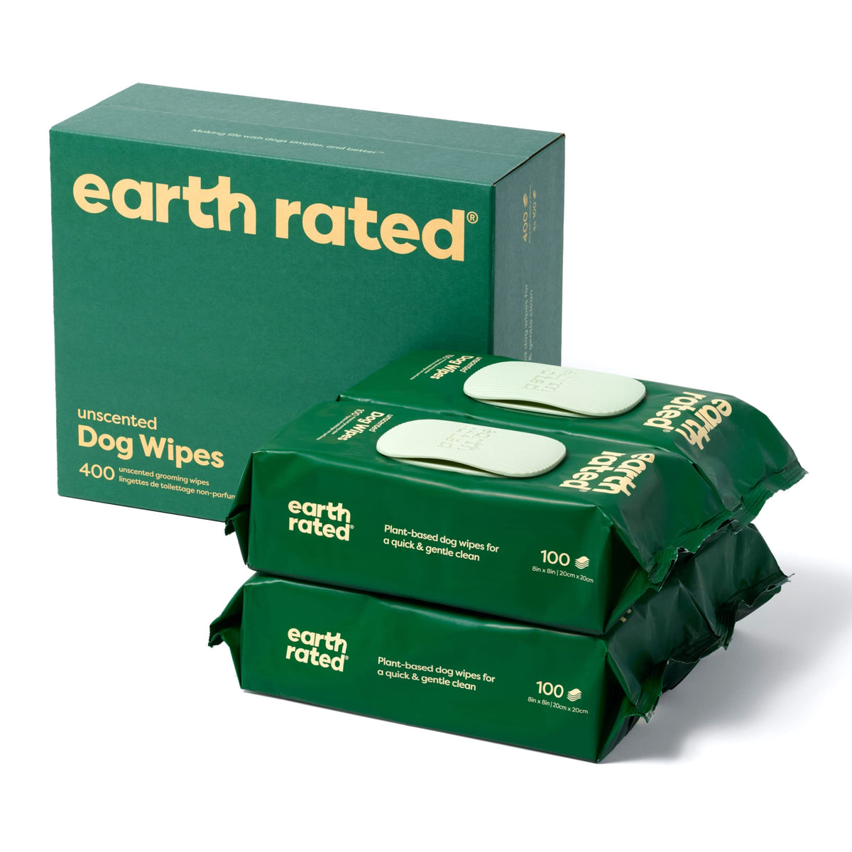 Earth Rated Pet Wipes for Dogs, Hypoallergenic, Cleaning and Hydrating, for Grooming Paws, Body and Bums, Unscented, 100 Count