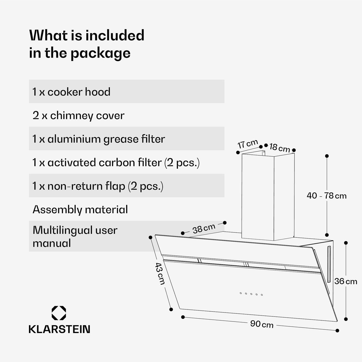 Klarstein Alina 90 Angled Cooker Hood - 615m³/h Air Flow, Touch Panel, LED Backlighting, Quiet 63dB, Energy Class A, 90cm Extractor Hood, Black