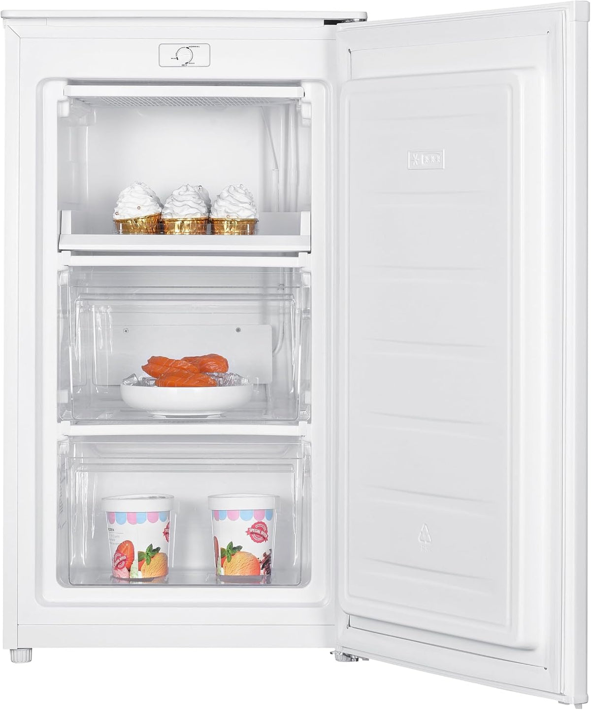 Teknix UC48F2W Freestanding Undercounter Freezer - 48cm Width / 60 Litre Capacity - Suitable for Outbuildings - 3 Large Compartments - 4 Star Freezer Rating - White