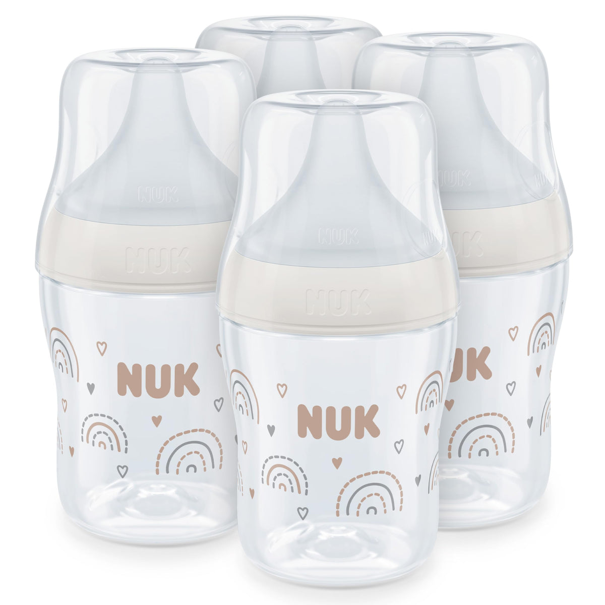 NUK Perfect Match Newborn Baby Bottle Set | 0+ Months | 150ml | Anti Colic Feeding Bottle | PP | Temperature Control Indicator | Rainbow | 4 Count