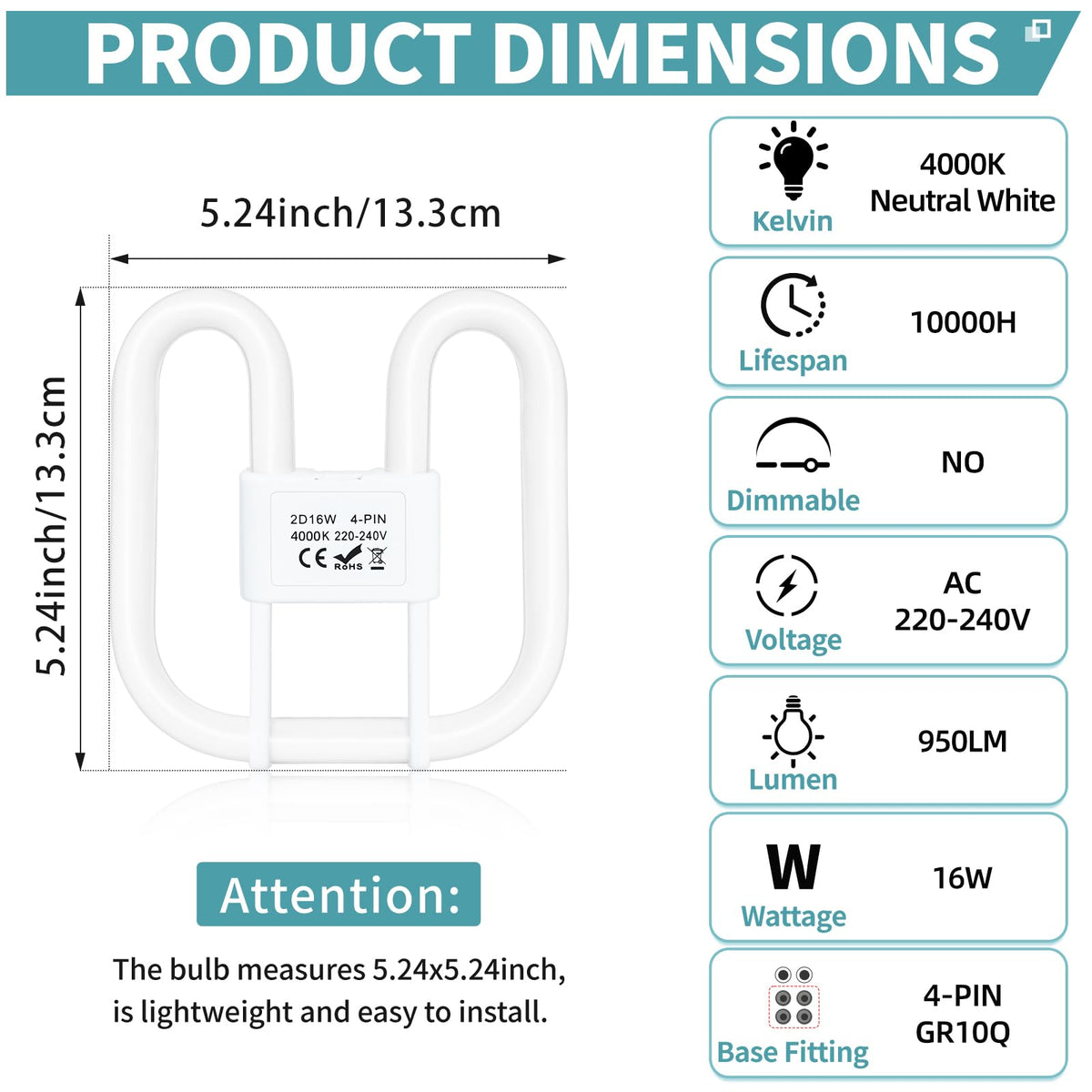 4-PIN 16W(Size: 13.3cm*13.3cm) GR10Q Compact Fluorescent Lamp Non-Dimmable Warm White 3500K, 4PIN (Not 2Pin) Recessed Ceiling Light, CFL Light Bulb, Low Energy Light Bulb, Suitable for Indoor Corrido