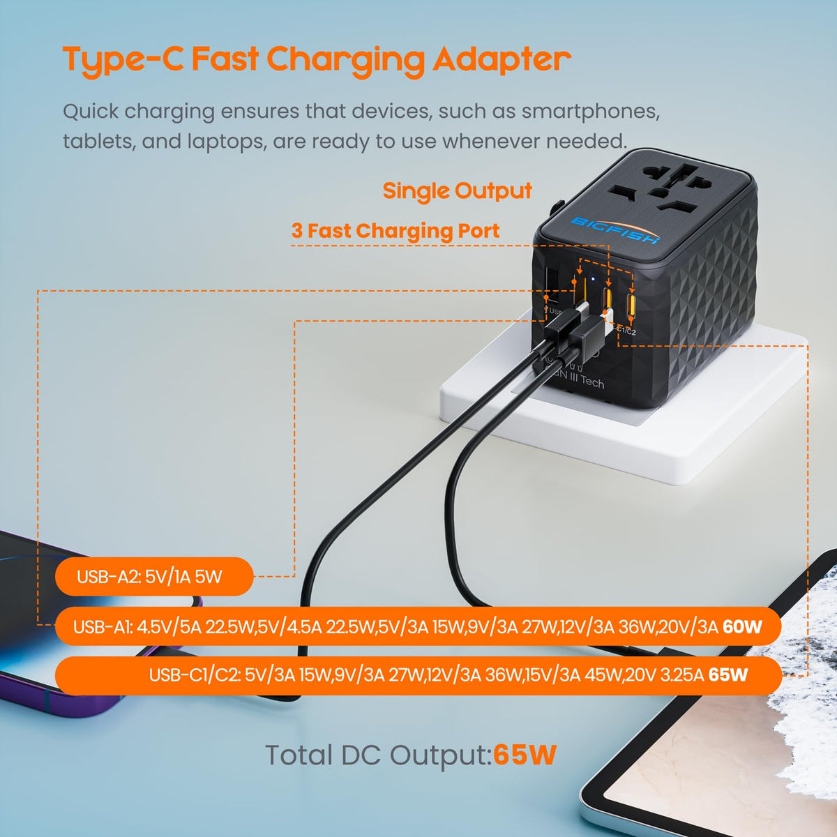 Bigfish Universal Travel Adapter with 35W USB-C PD Fast Charging (C3 Port)