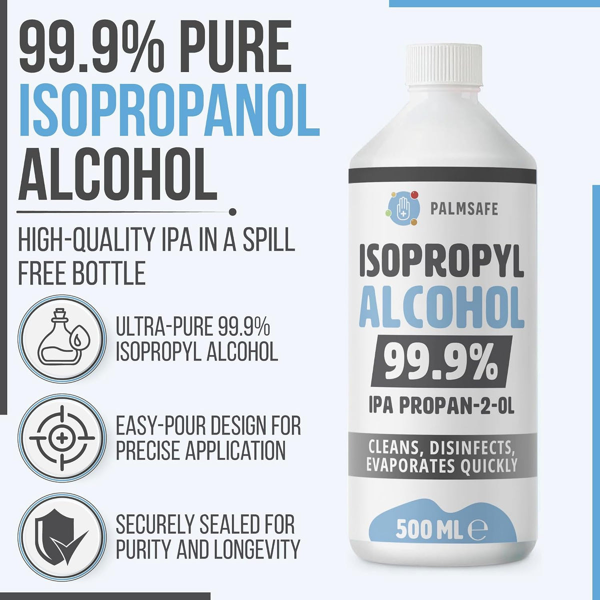 Isopropanol Alcohol IPA 99.99% 500ml Disinfectant for Household, Hospitals Office - Electronics, Stains, Grease, Glue and Paint Cleaner Easy Pour