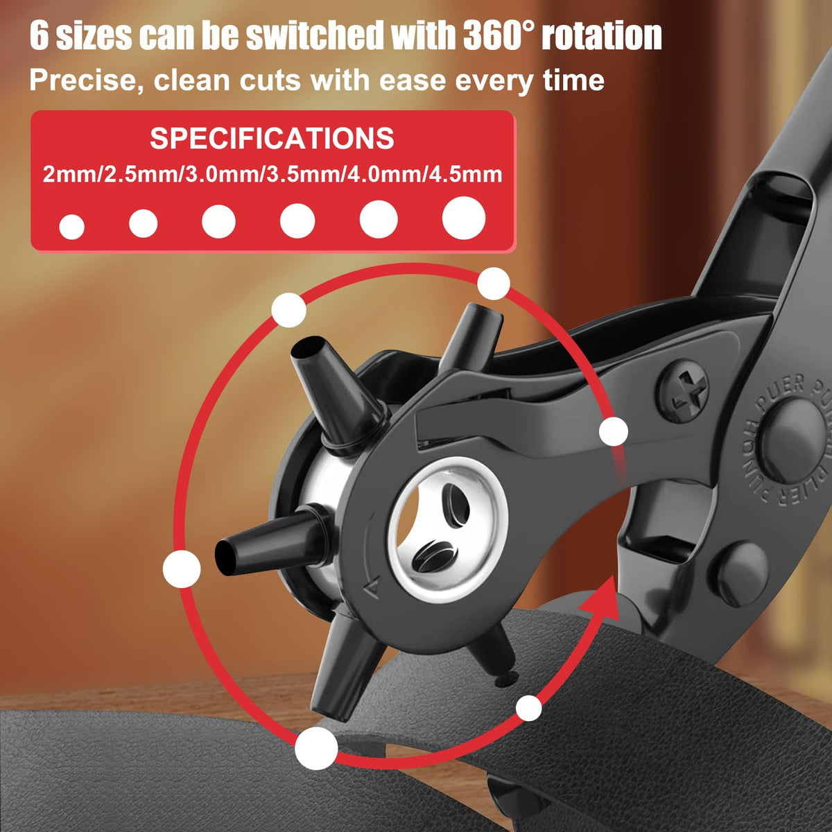 Diyife Belt Hole Puncher for Leather, 6 Sizes, Effortless Dual-Lever Design