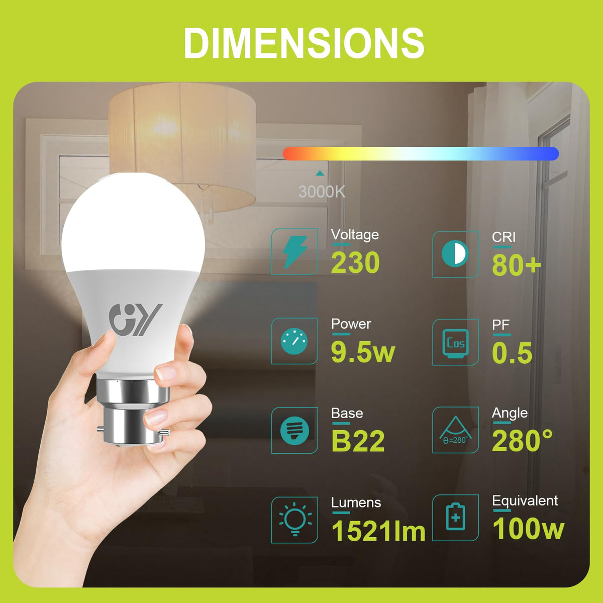 GY Bayonet Light Bulbs Neutral White 4000K B22 LED Bulbs,9.5W 1521 Lumen Ultra Bright Energy Saving 100W Equivalent,Non-dimmable,2-Pack