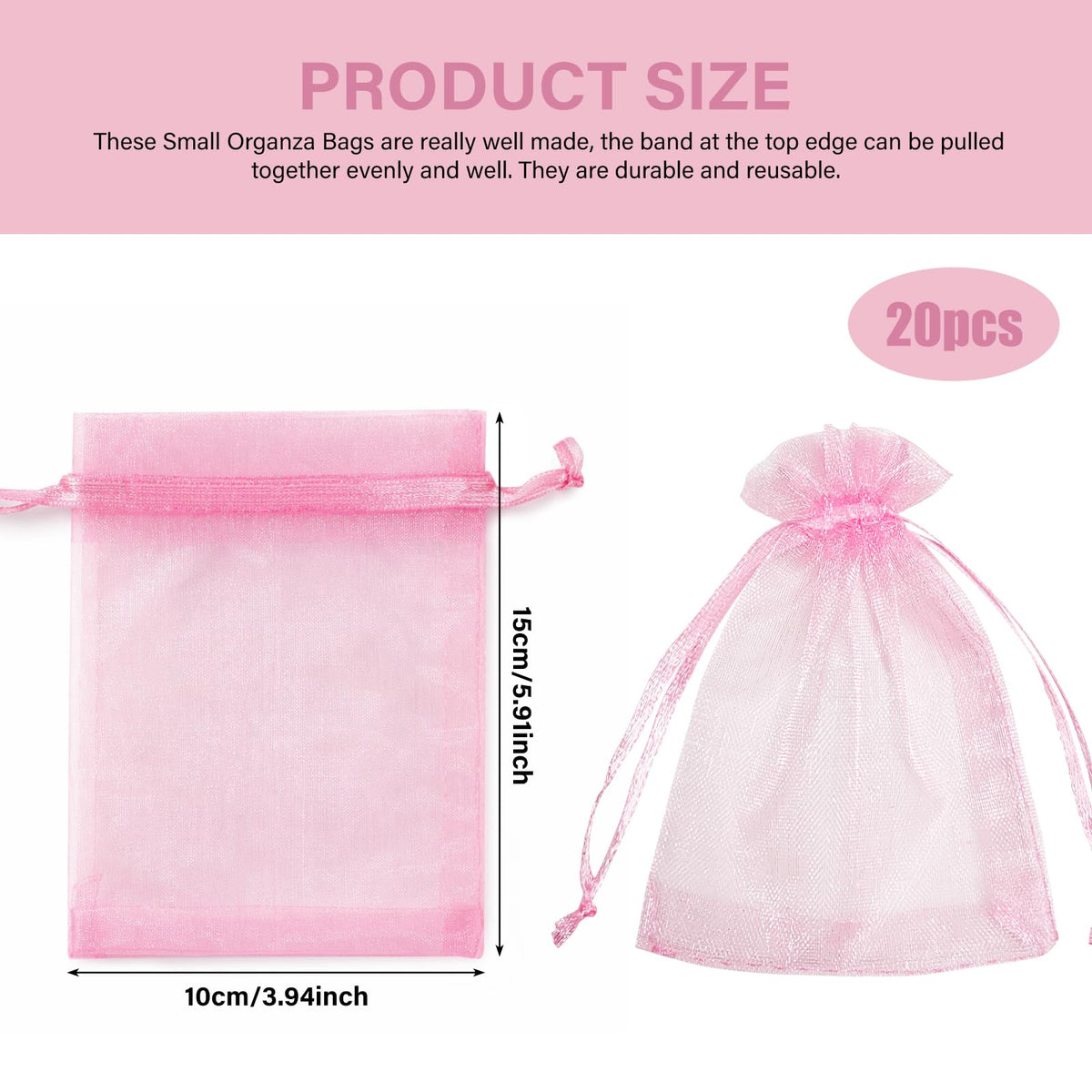 Lafefe 20Pcs Organza Gift Pouches, 7x9CM Clear Mesh Drawstring Pouches, Organza Gift Bags for Wedding Favours, Party, Festival, Candy and Game Favour Bags - Pink