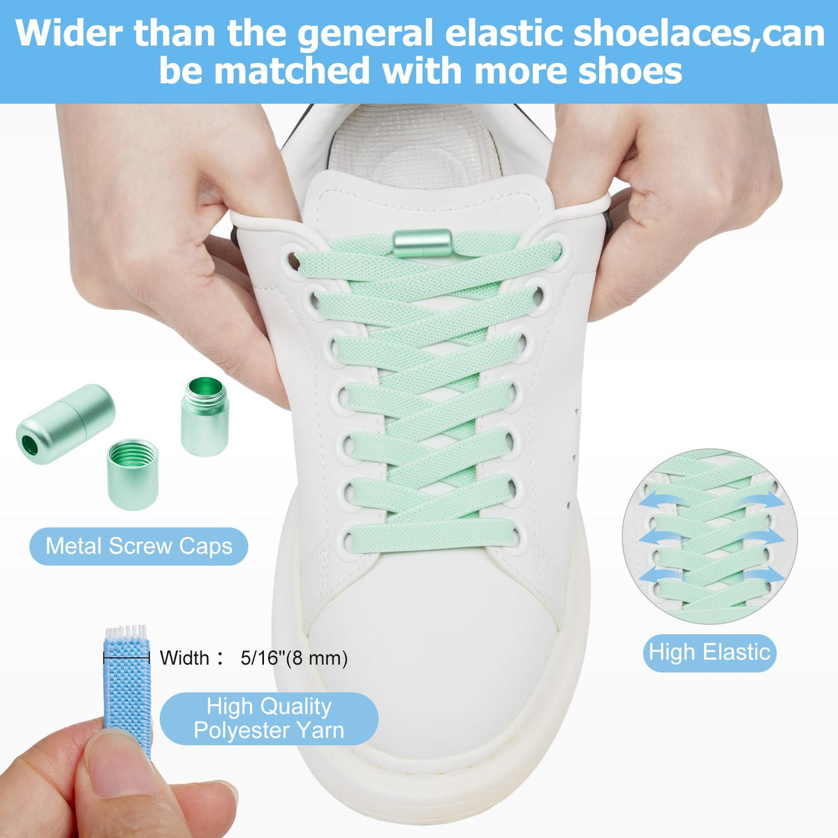 2 Pairs Elastic Shoe Laces for Trainers, 8mm Shoelace