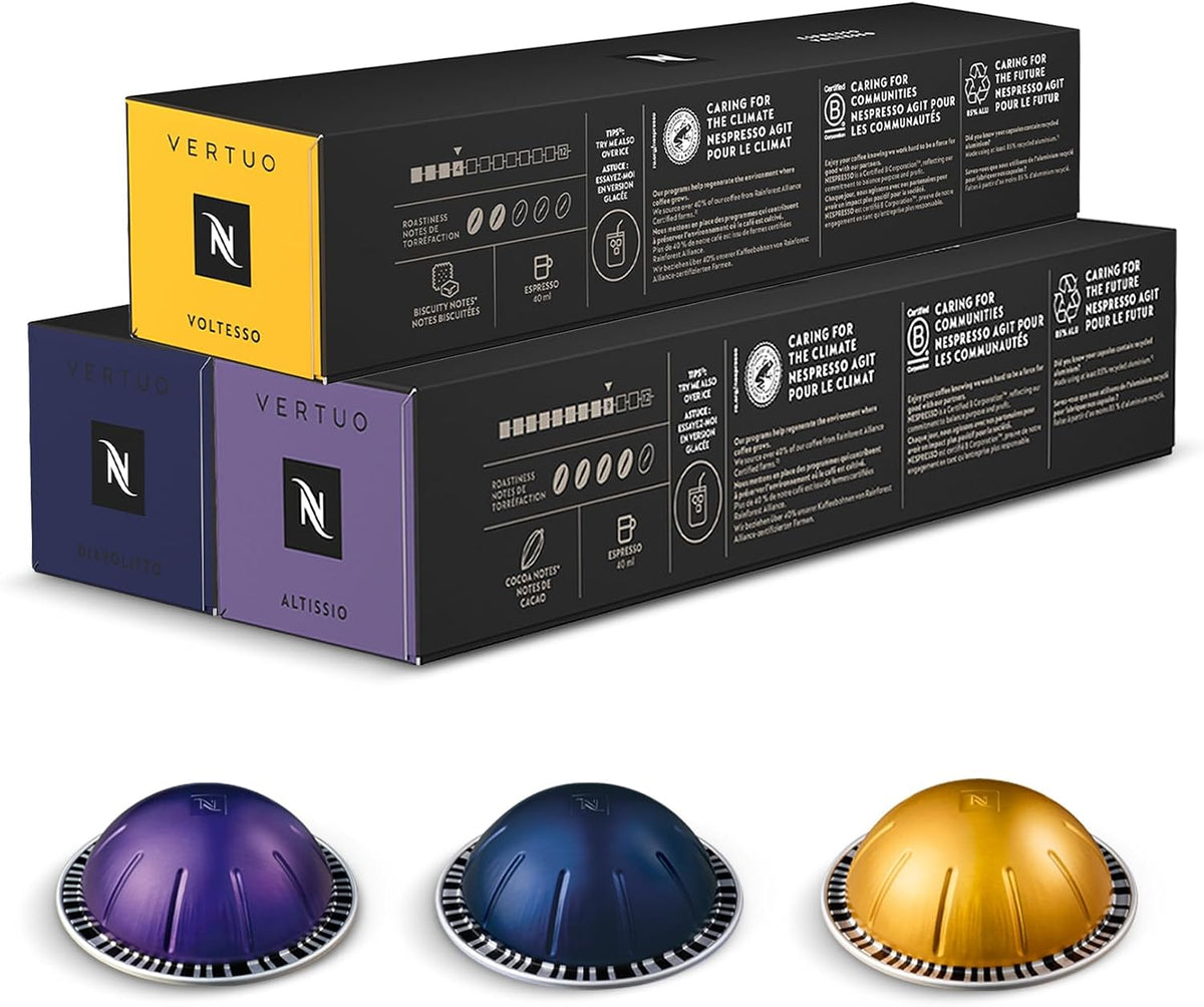 Nespresso Vertuo Coffee Pods Espresso Variety Pack - 30 Capsules (3 sleeves) Includes 10 Altissio, 10 Diavolto, 10 Voltesso Pods